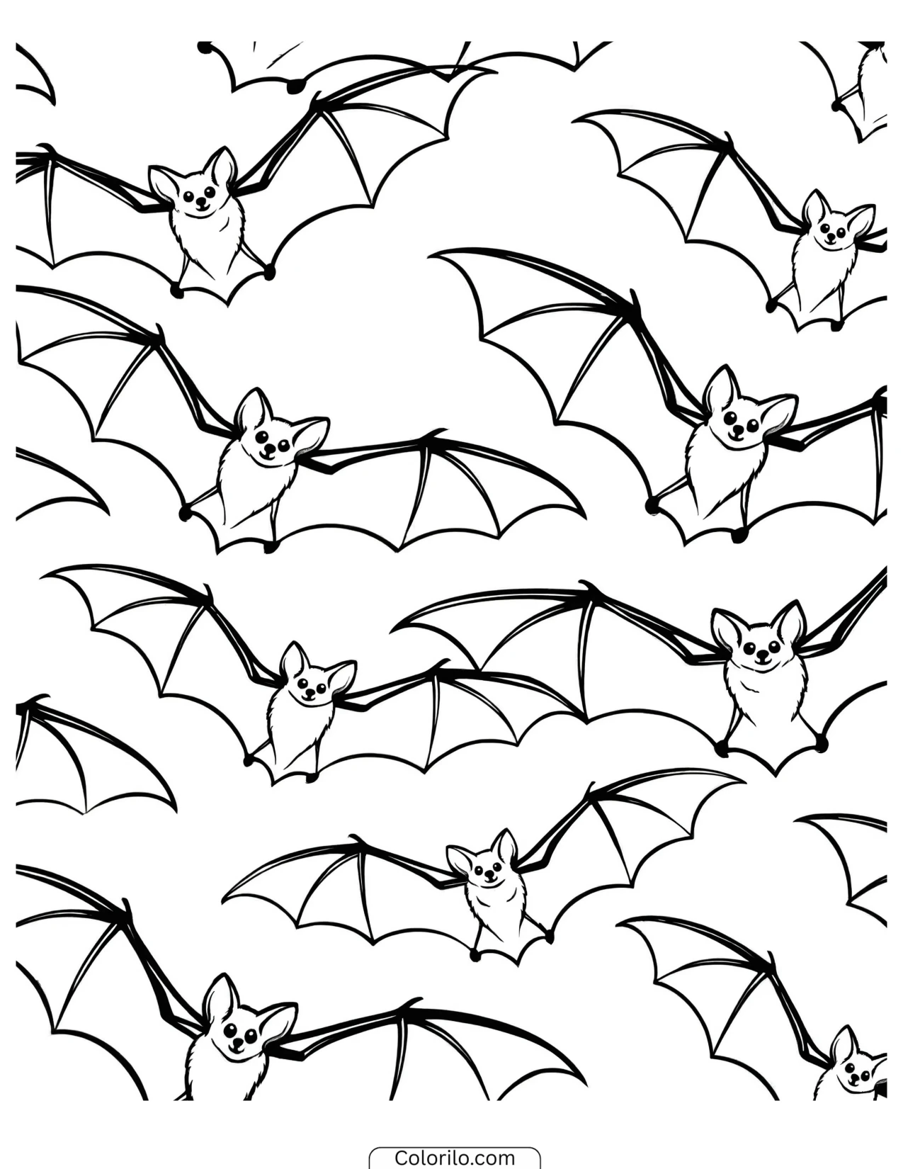 Repeating pattern of flying bats coloring page