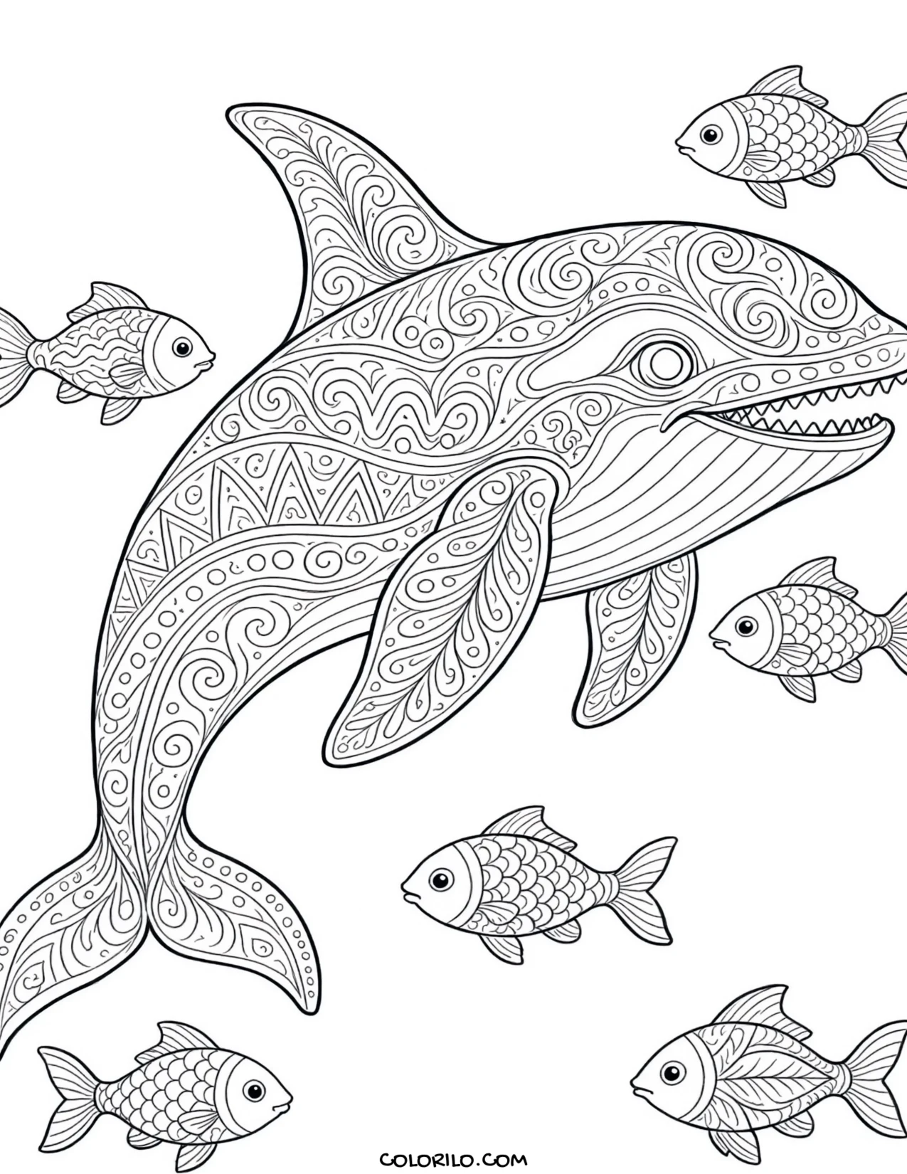 An orca filled with zentangle patterns coloring page