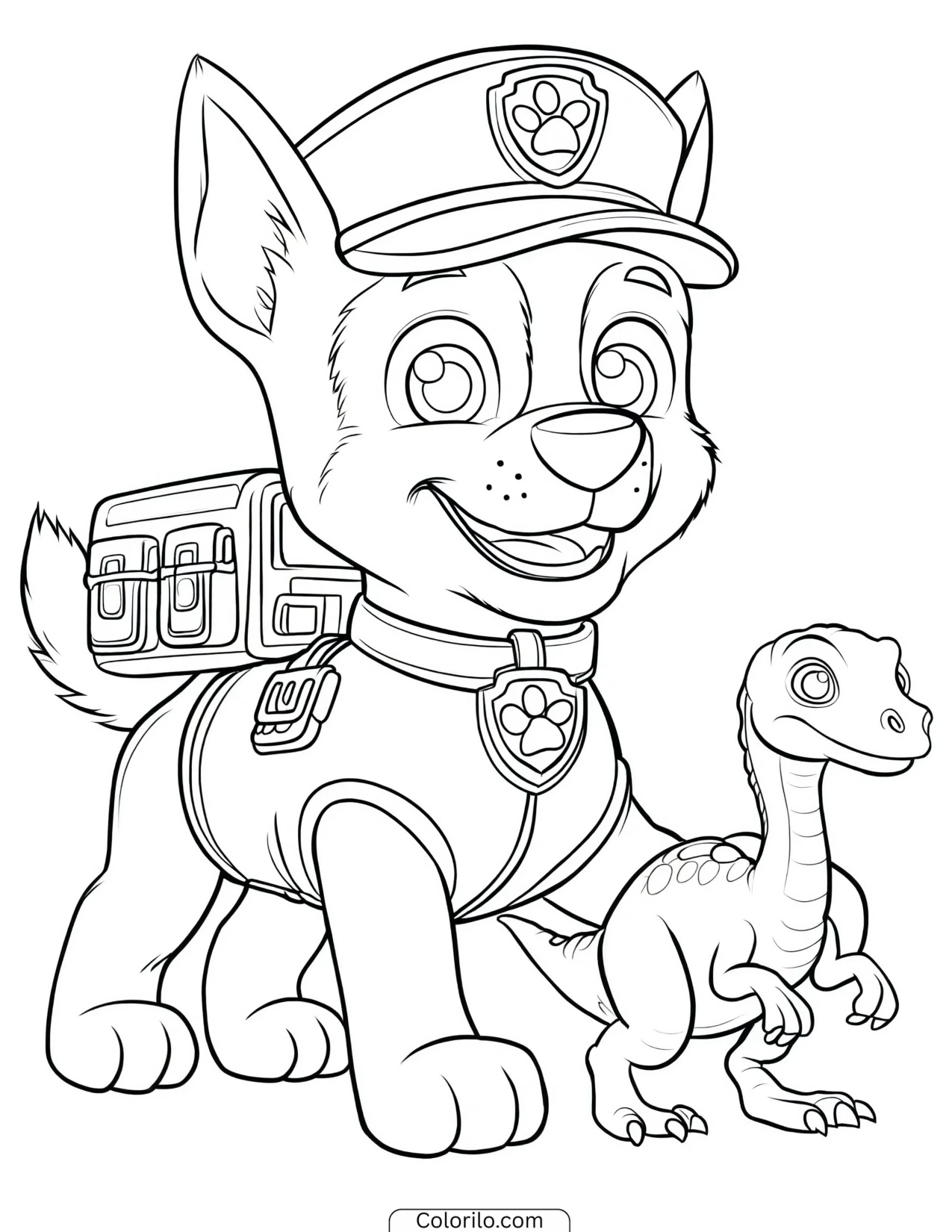 Chase guiding a lost baby dinosaur coloring page