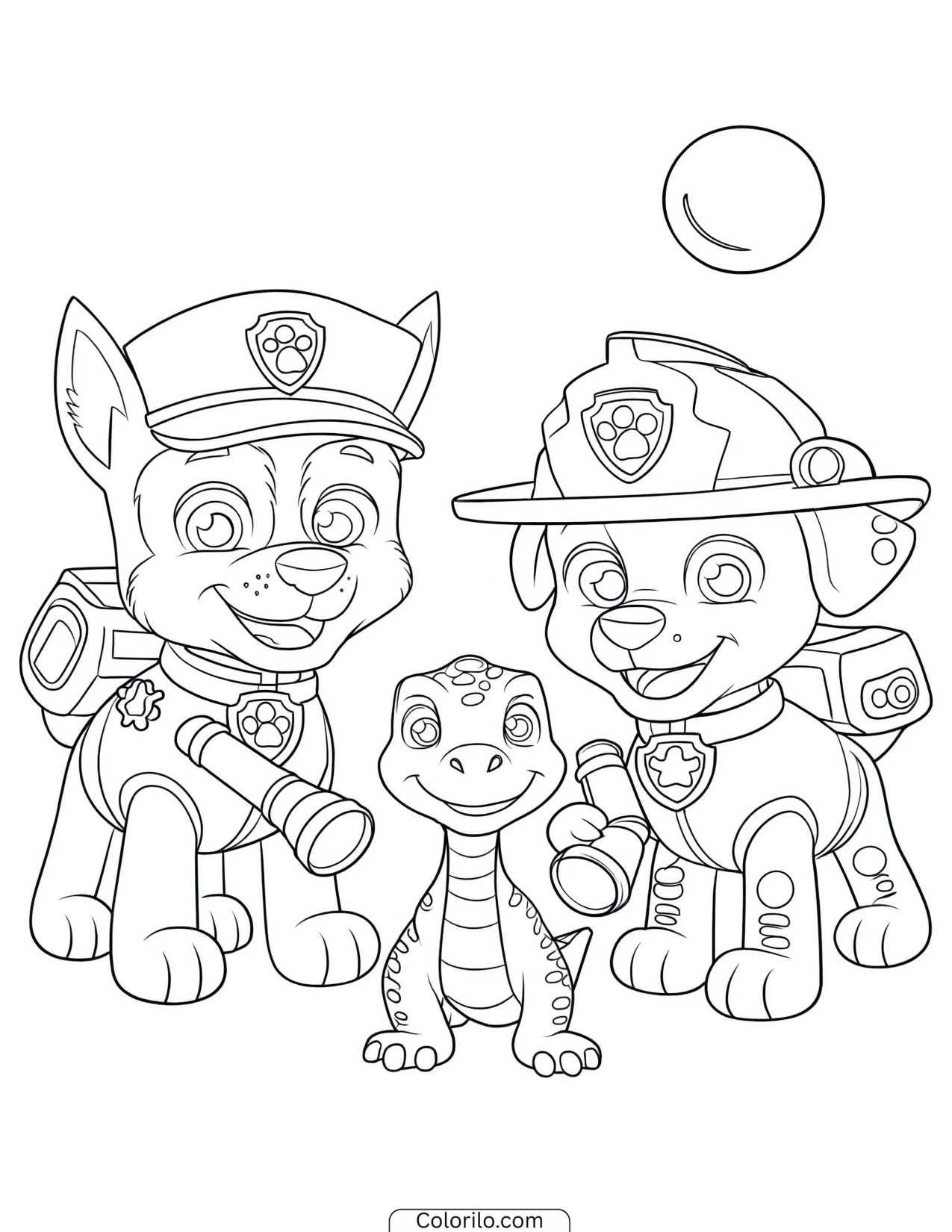 Chase and Marshall on a night dinosaur rescue coloring page