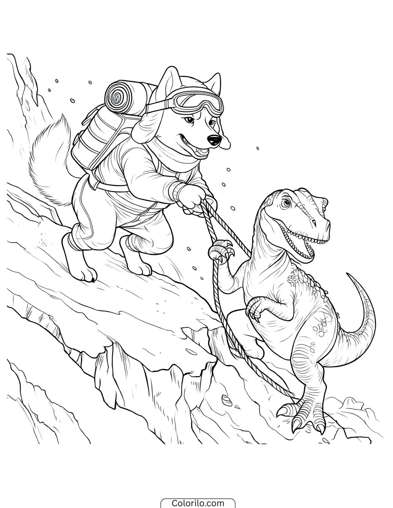 Everest helping a dinosaur on a snowy cliff coloring page