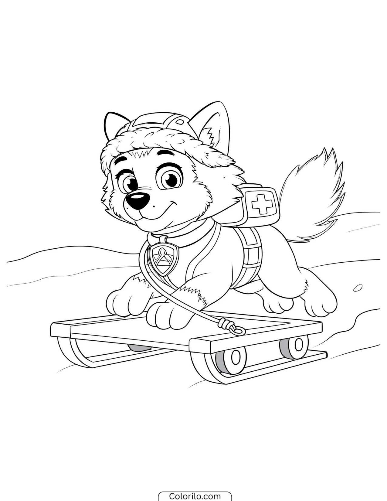 Everest pulling a sled through the snow coloring page