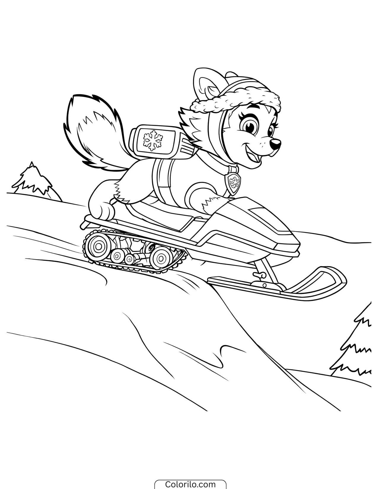 Everest jumping a ramp on her snowmobile coloring page