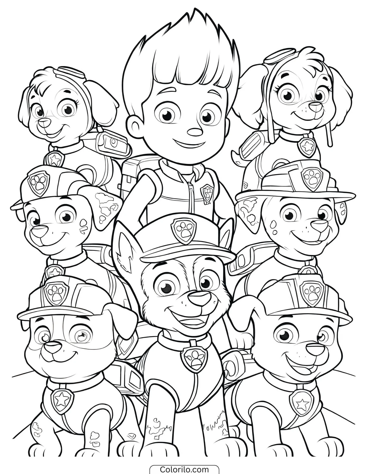 The whole PAW Patrol team ready for action coloring page