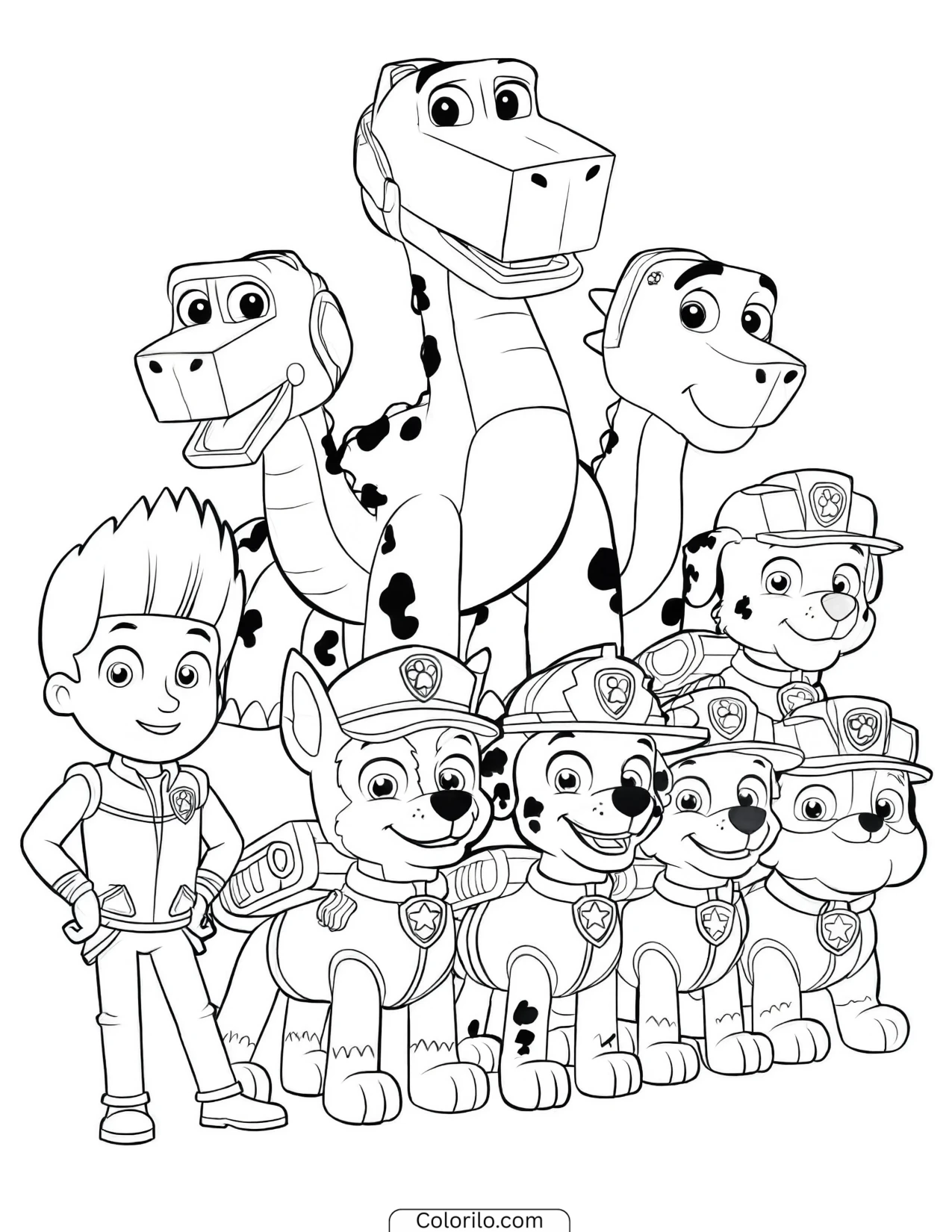 The full team lined up for a dino rescue mission coloring page