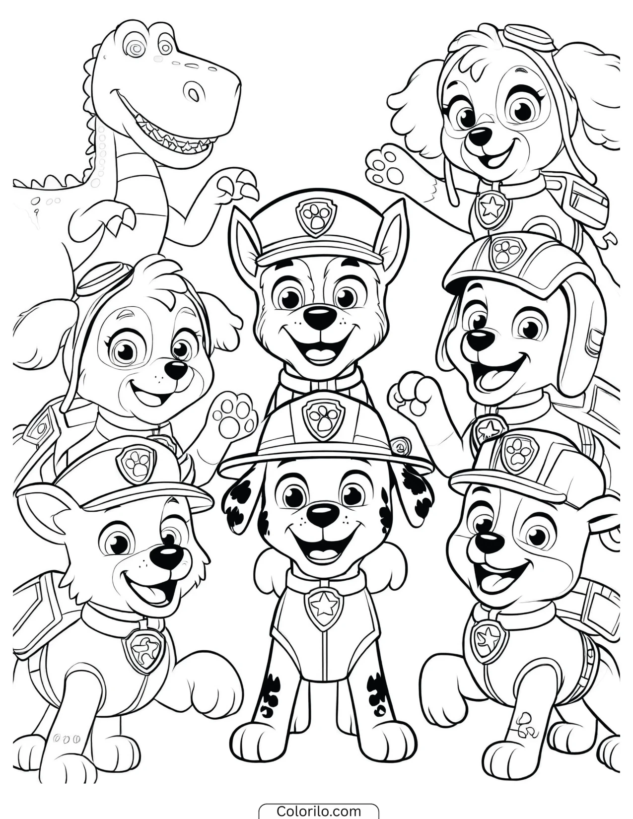 The team celebrating with dinosaurs coloring page
