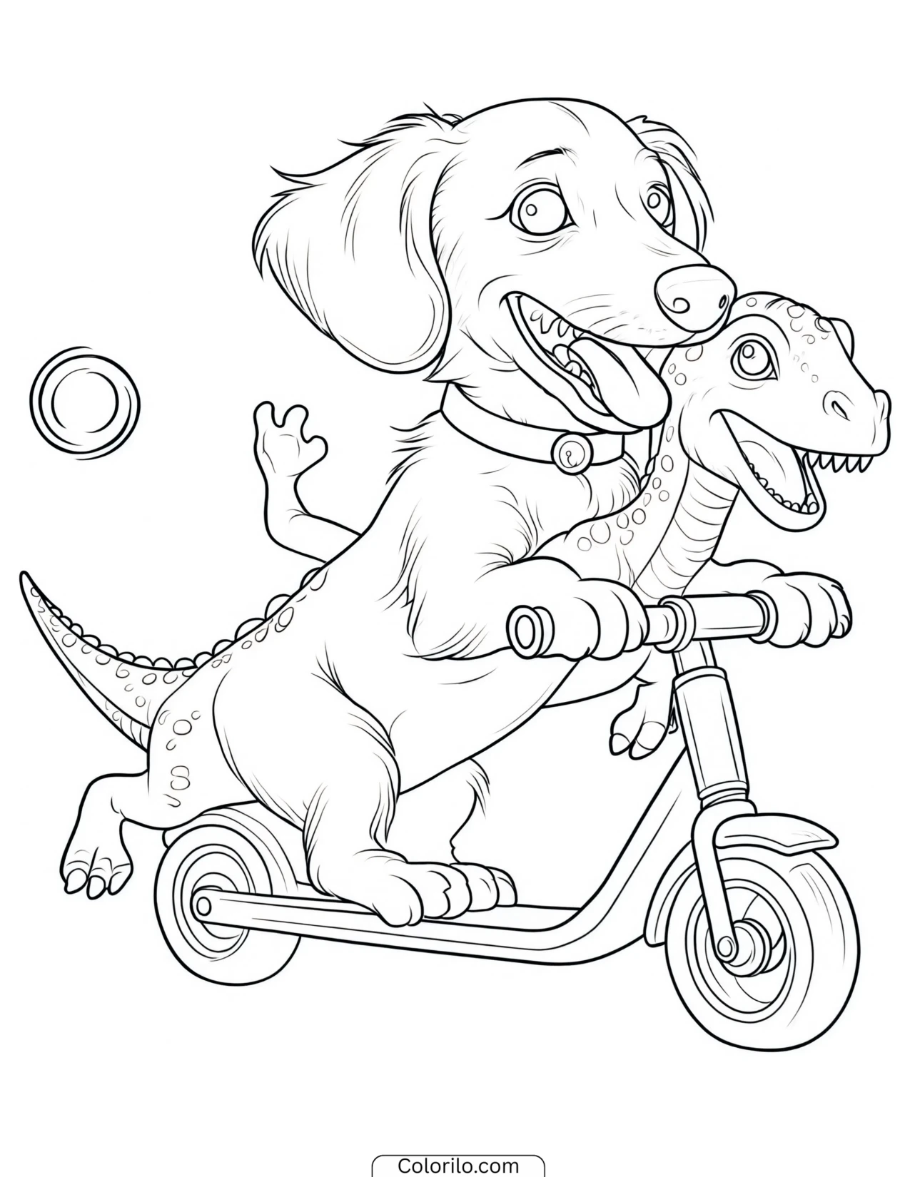 Liberty racing a baby dinosaur on her scooter coloring page
