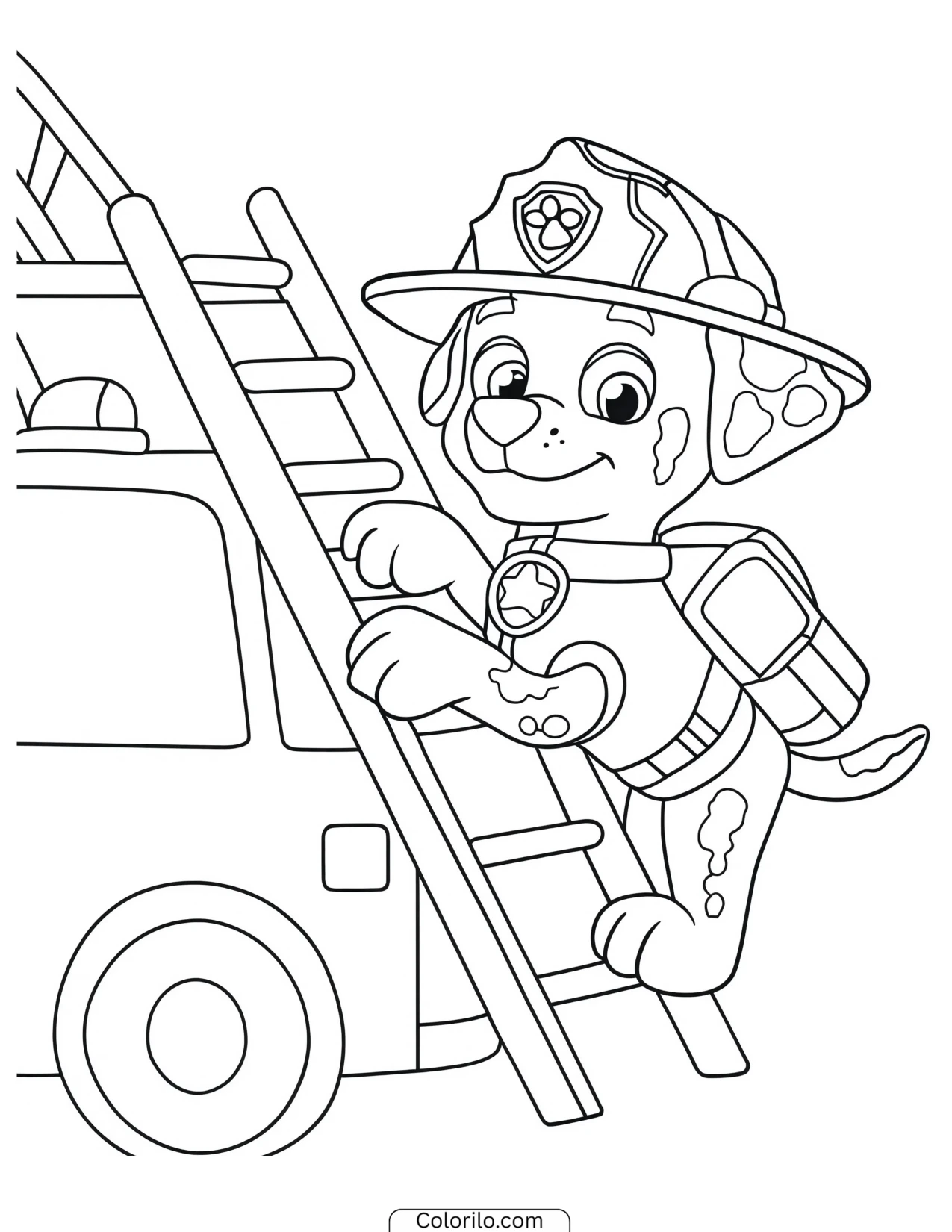 Marshall climbing his fire truck ladder coloring page