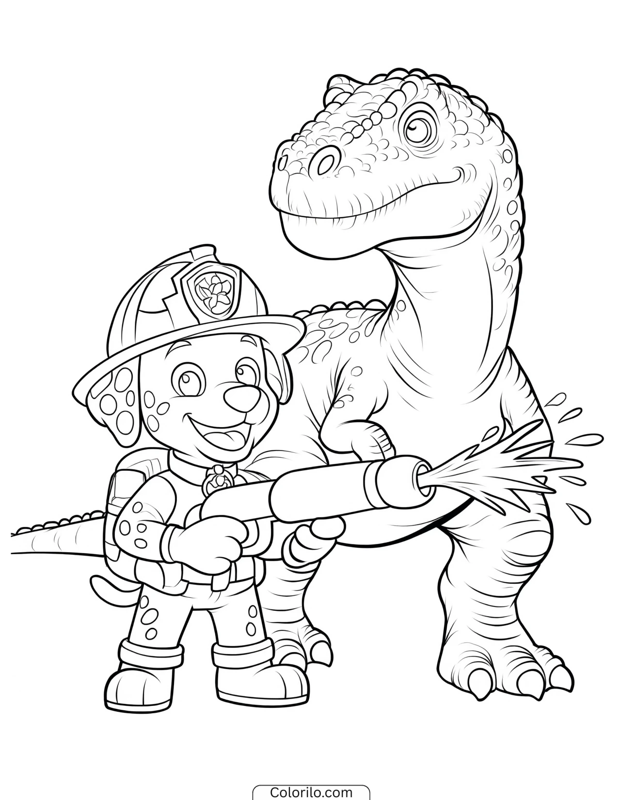 Marshall cooling a dinosaur with his water cannon coloring page