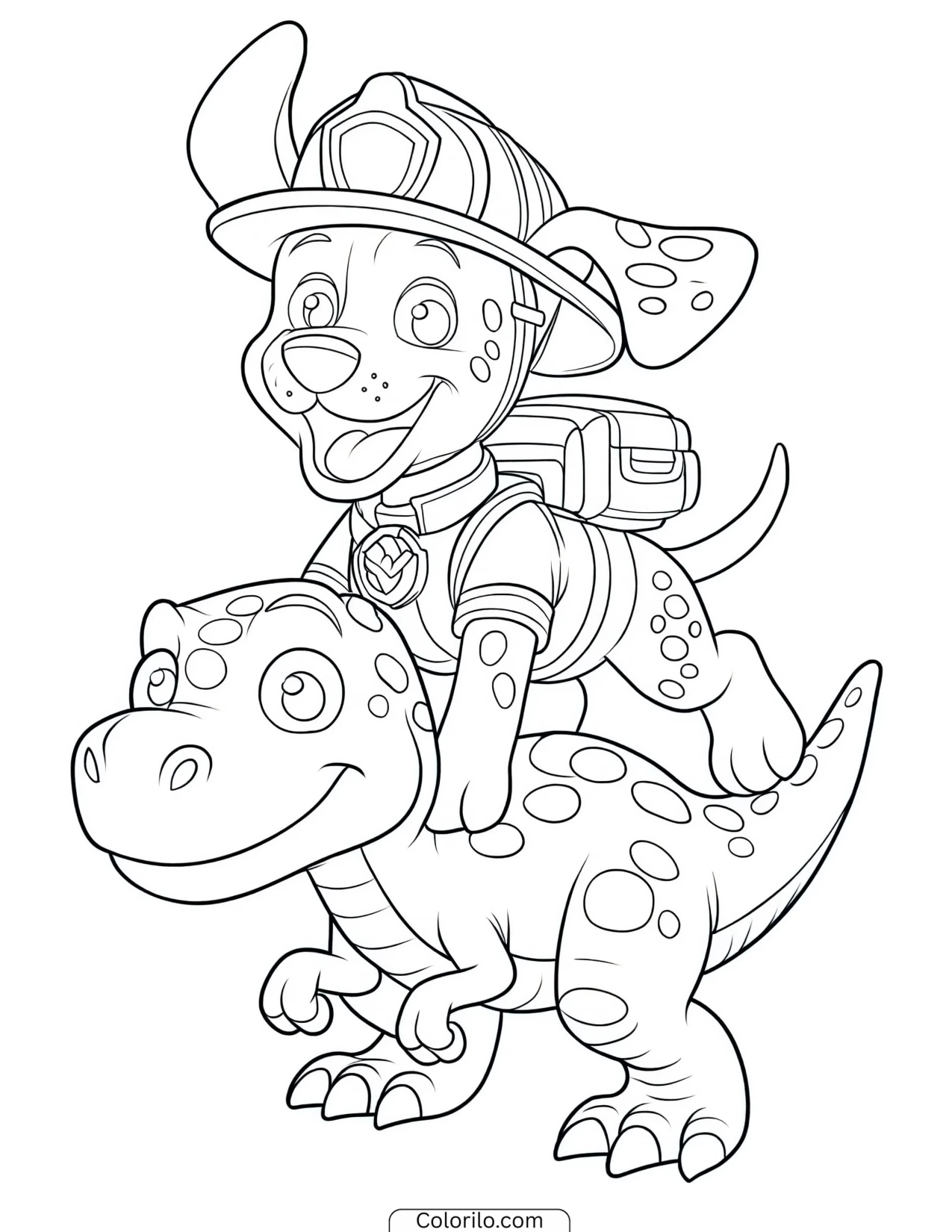 Marshall sliding down a dinosaur's back coloring page