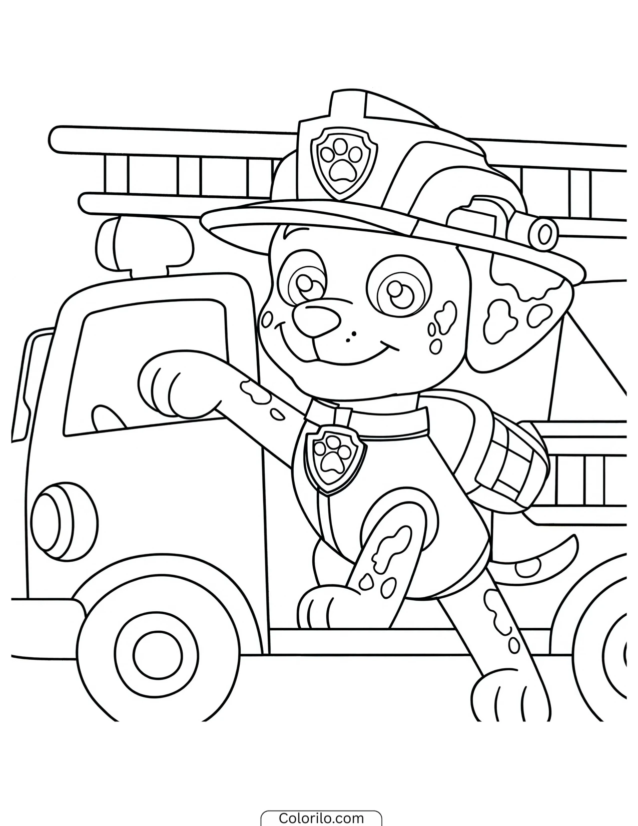 Marshall sliding into his fire truck coloring page