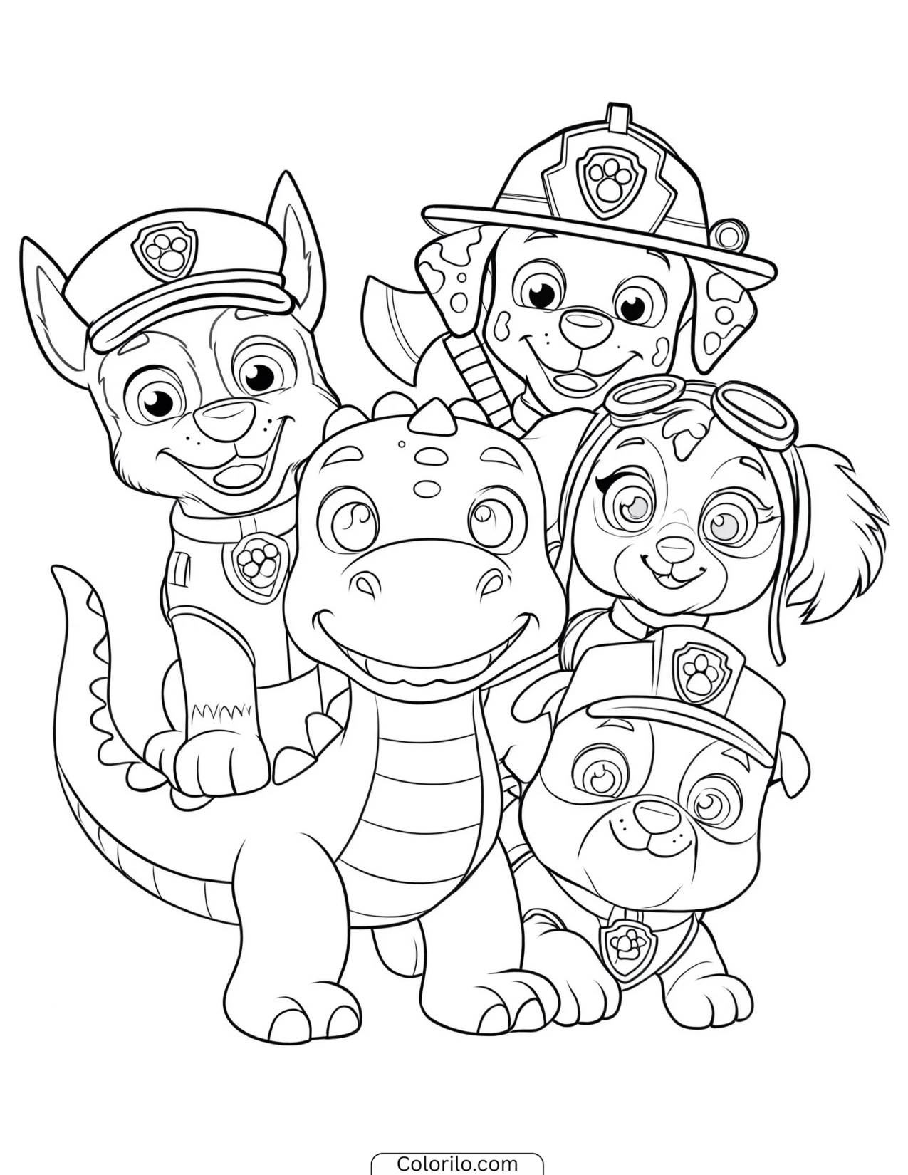 The pups hiding behind a giant dinosaur coloring page