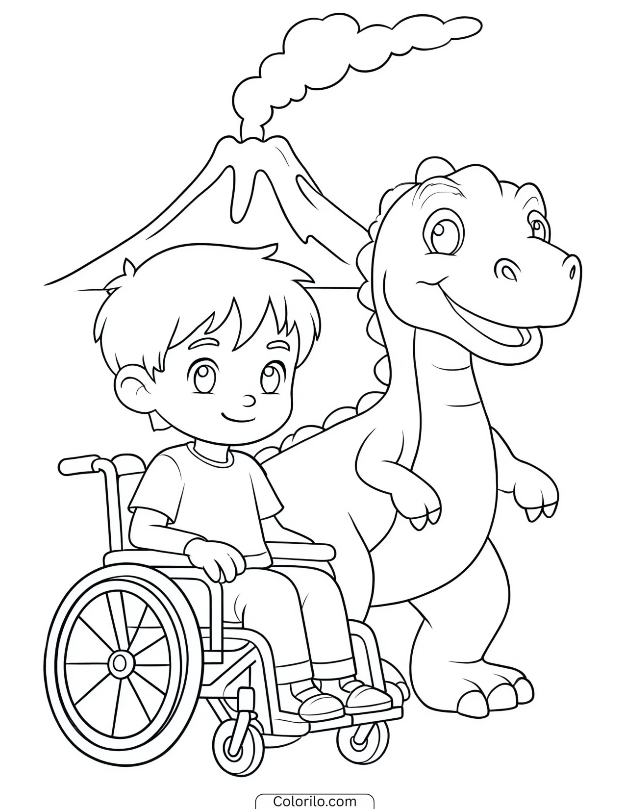 Rex and a dinosaur looking toward a volcano coloring page