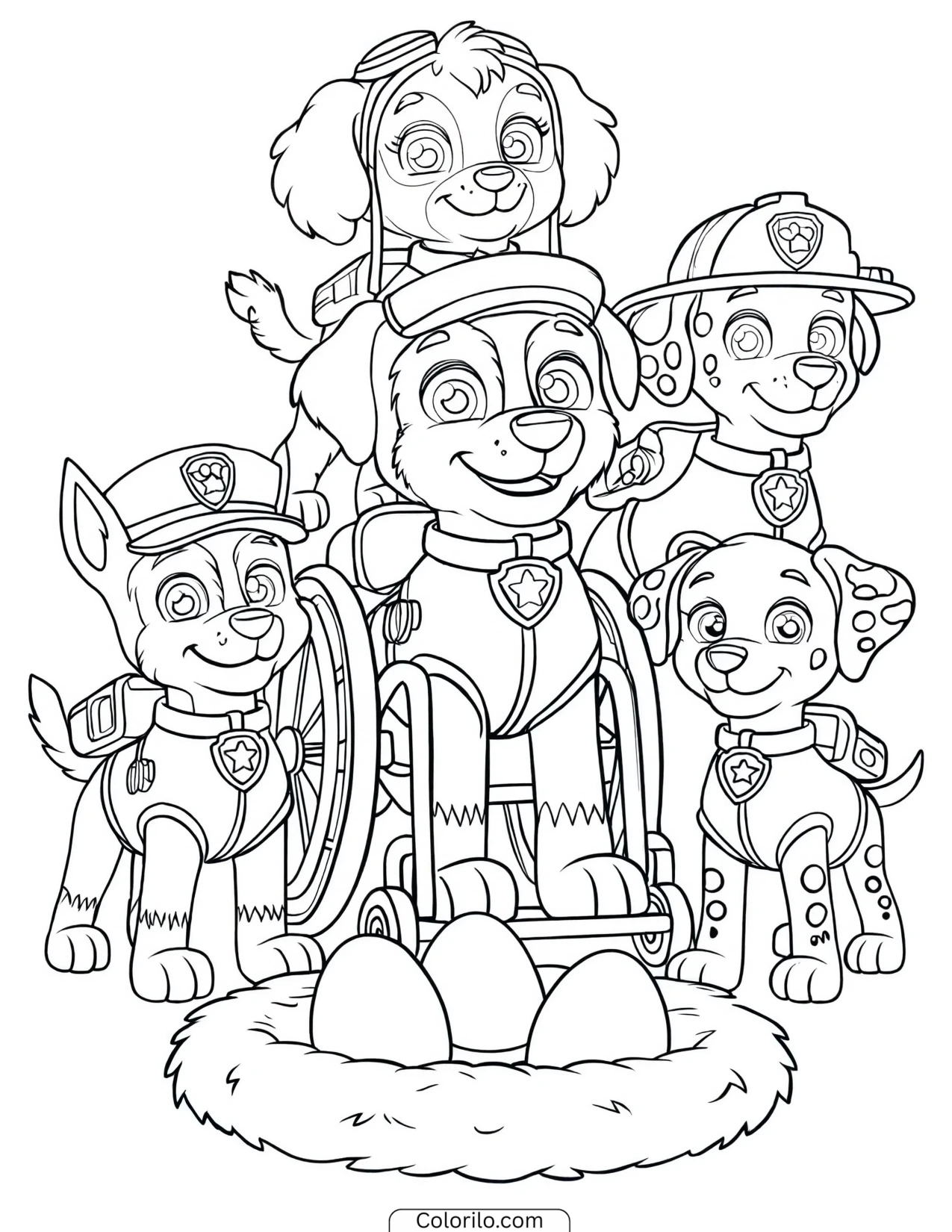 Rex and the pups protecting dinosaur eggs coloring page