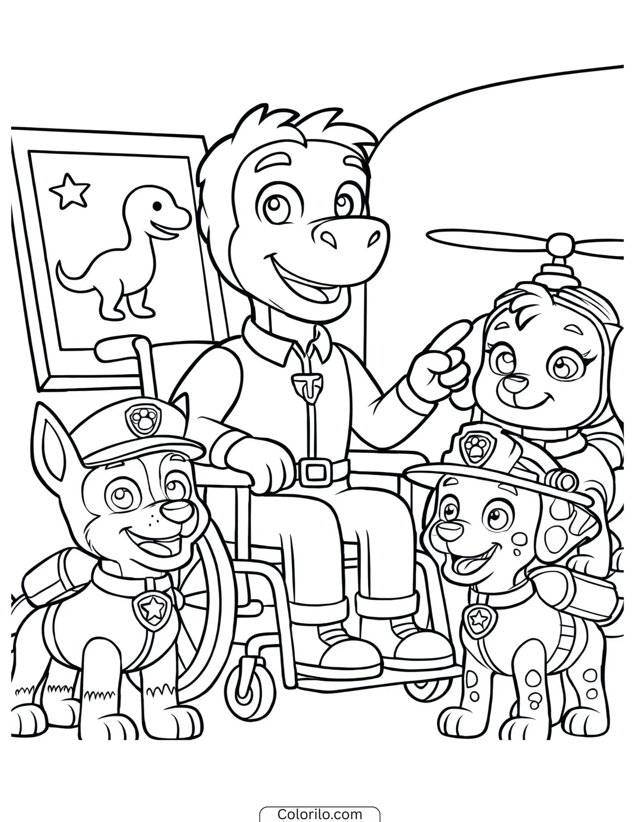 Rex teaching the pups about dinosaurs coloring page