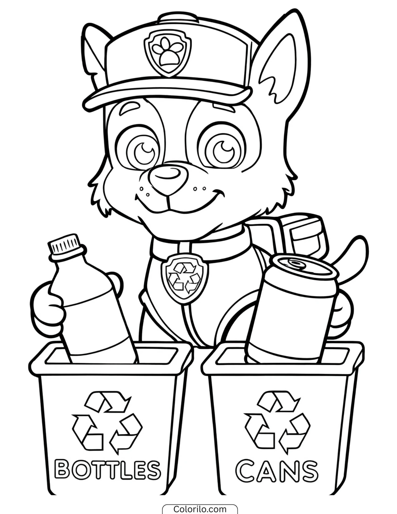 Rocky sorting bottles and cans into recycling bins coloring page