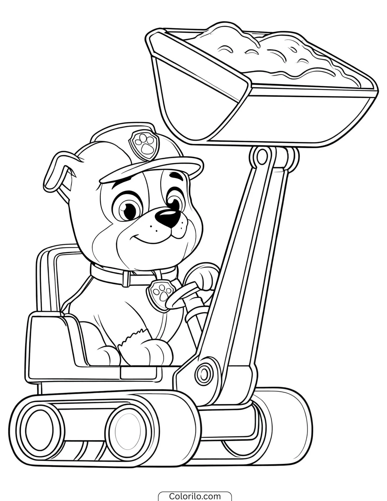 Rubble scooping dirt with his digger coloring page