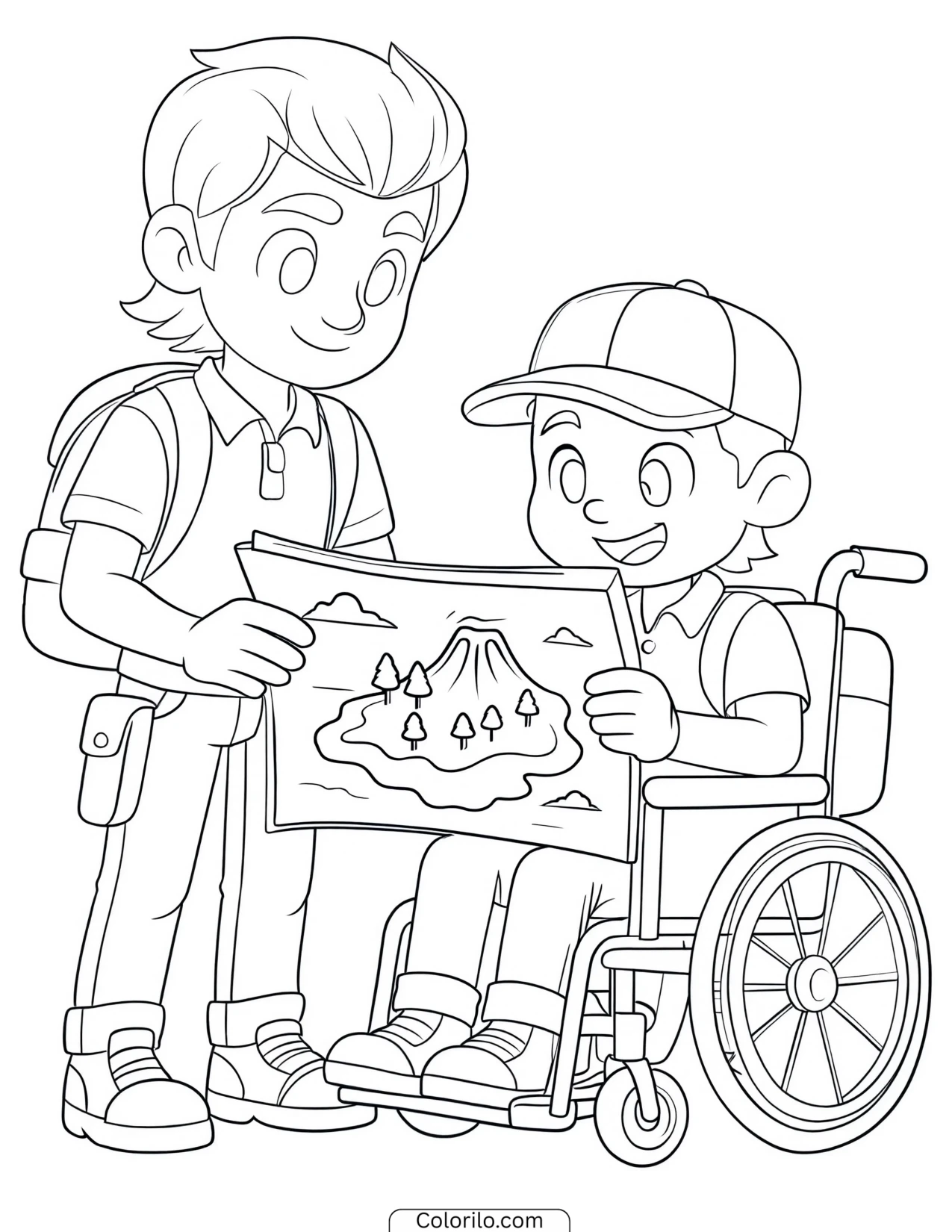 Ryder and Rex studying a dinosaur map coloring page