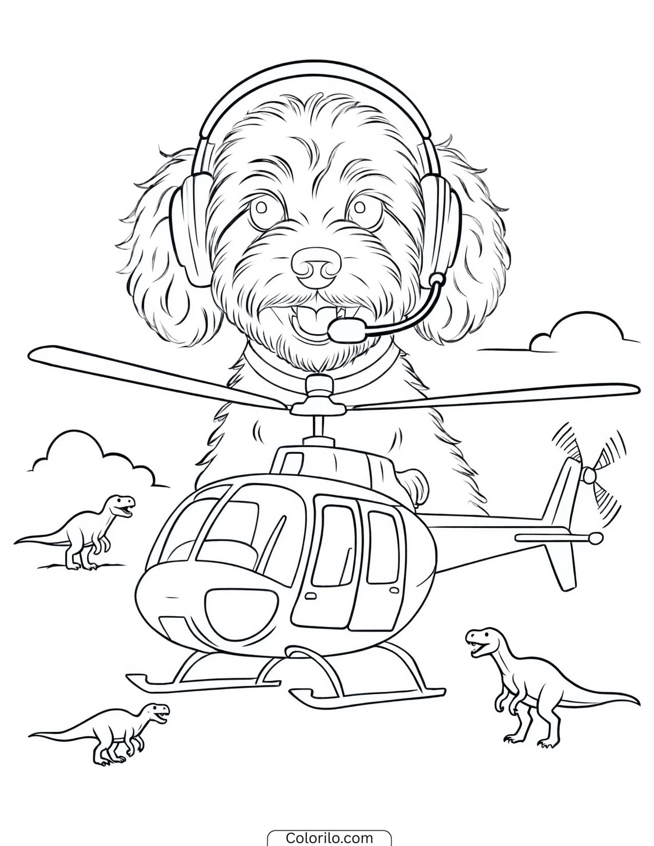 Skye flying her helicopter over a dinosaur herd coloring page
