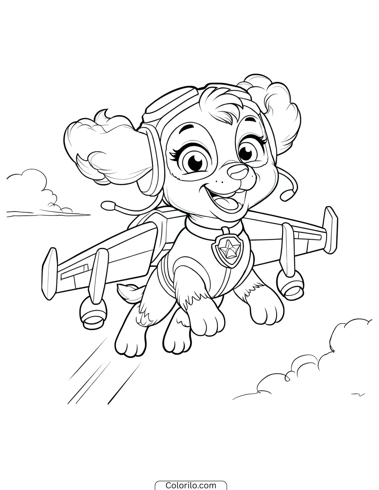 Skye flying with her jet pack coloring page