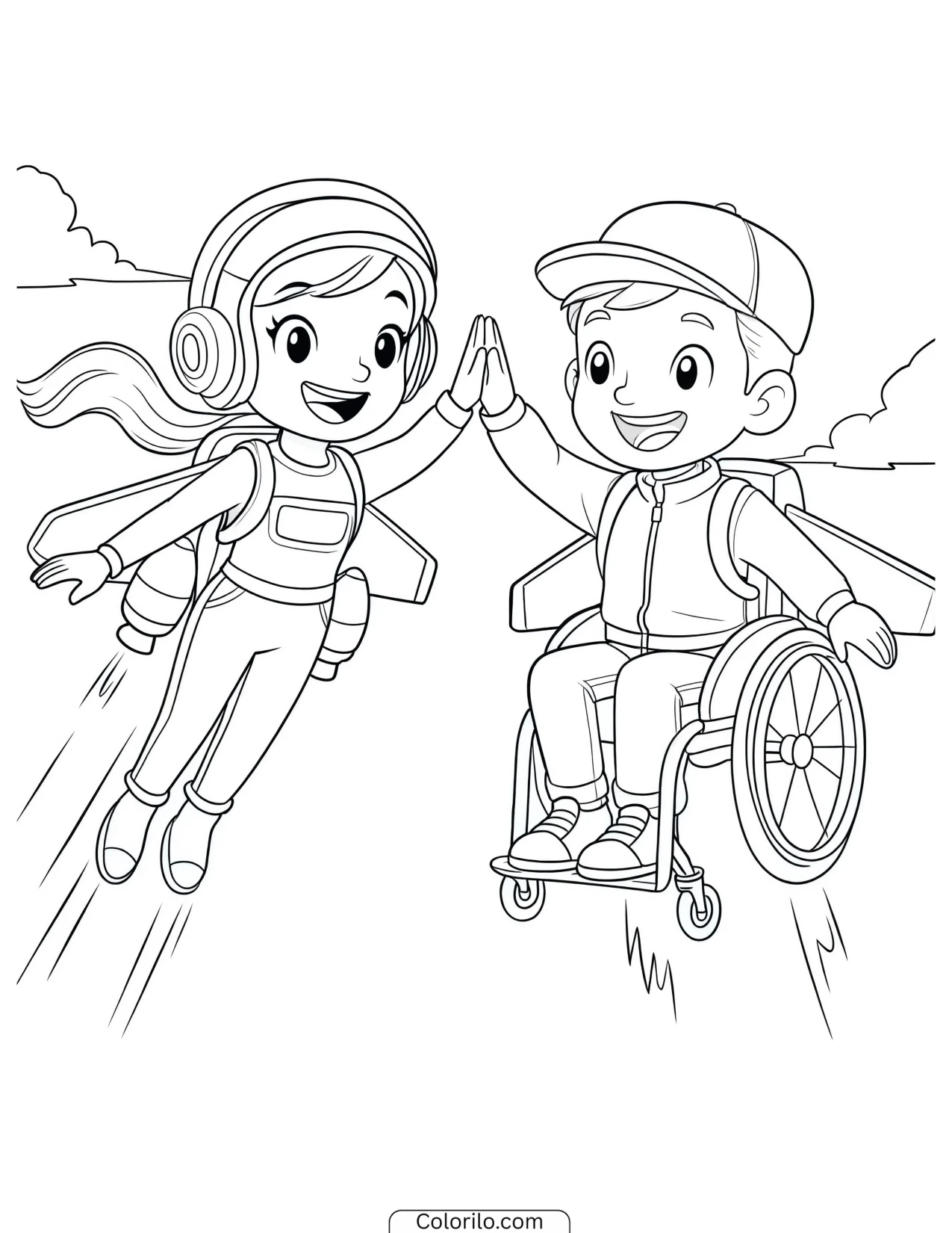 Skye and Rex sharing a mid-air high five coloring page