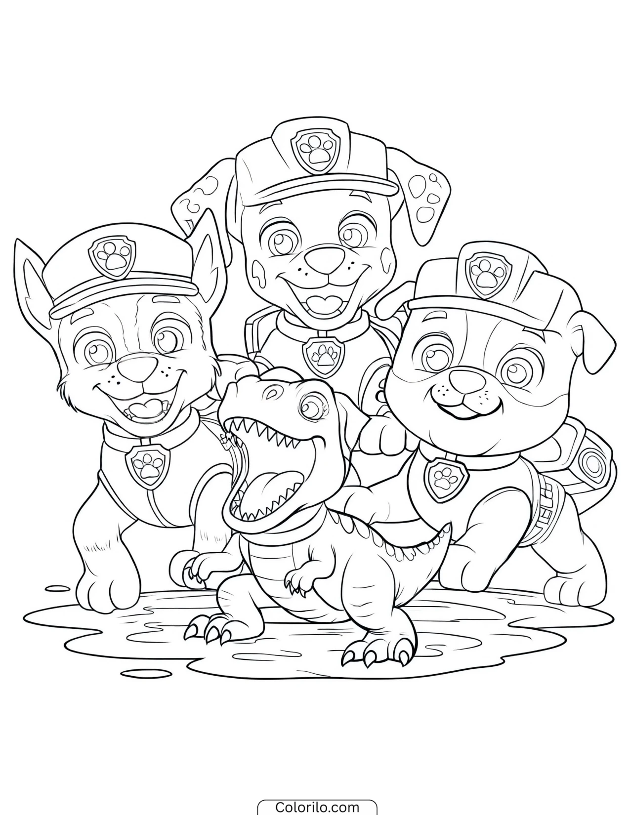 The team pushing a dinosaur stuck in mud coloring page