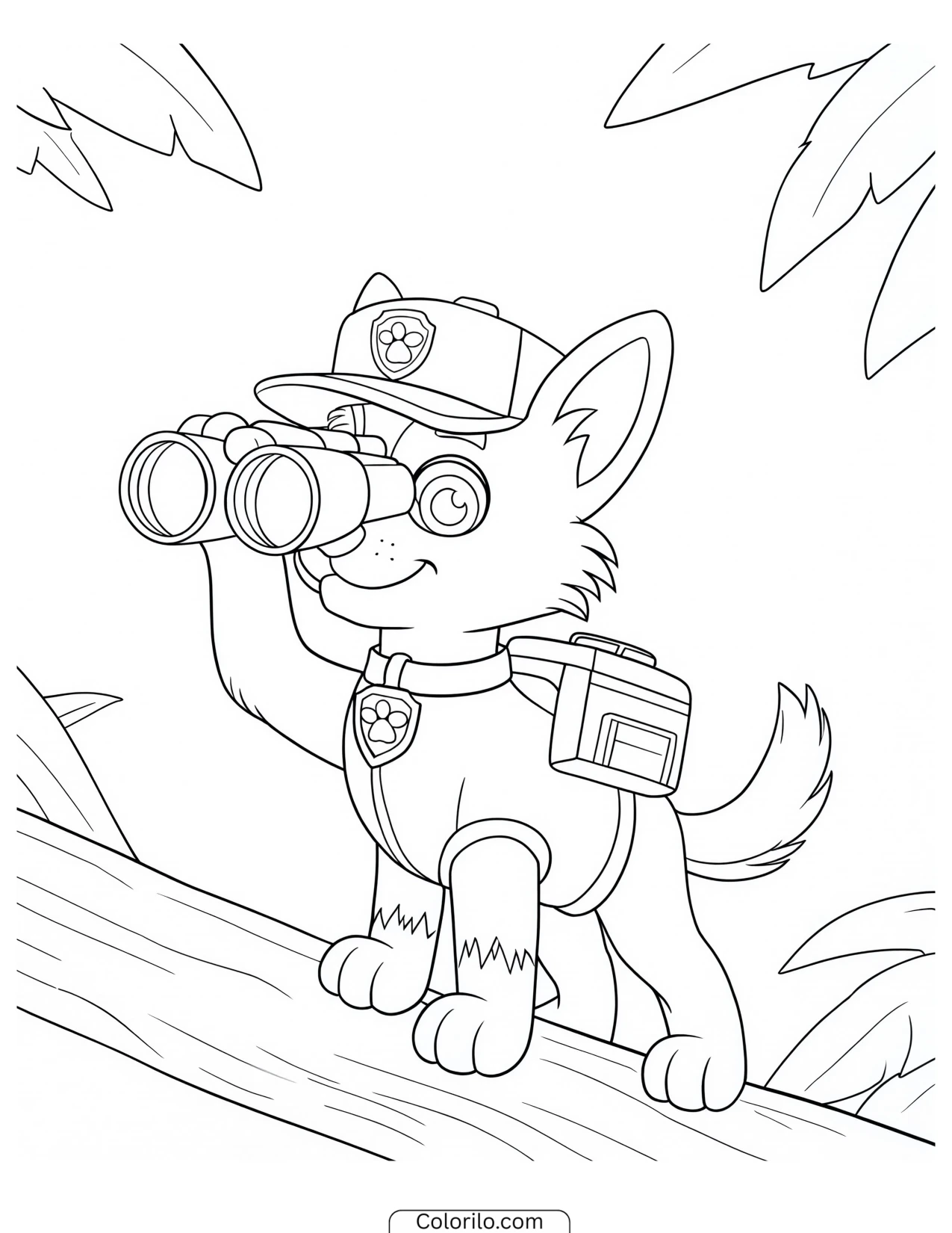 Tracker looking through binoculars in the jungle coloring page