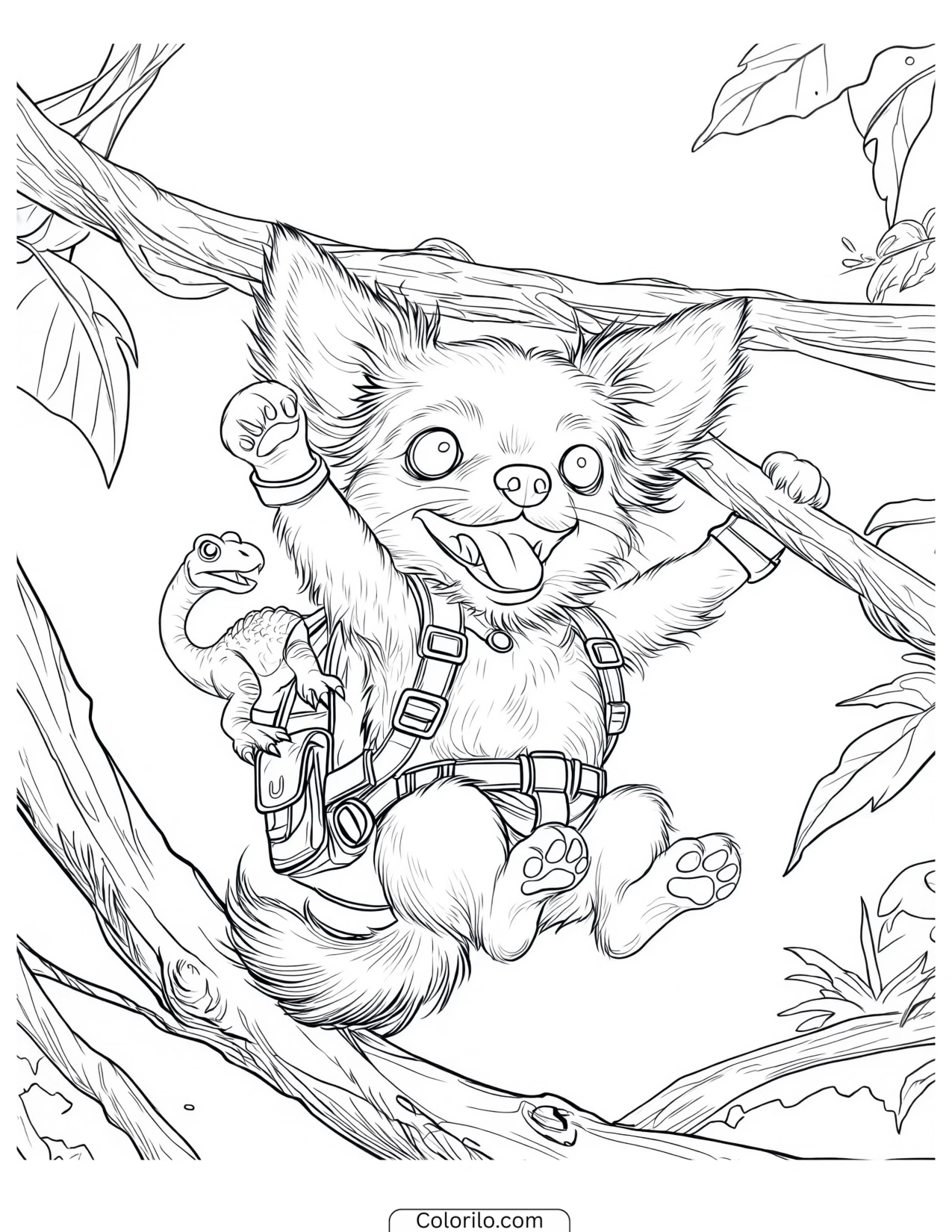 Tracker swinging with a baby dinosaur coloring page