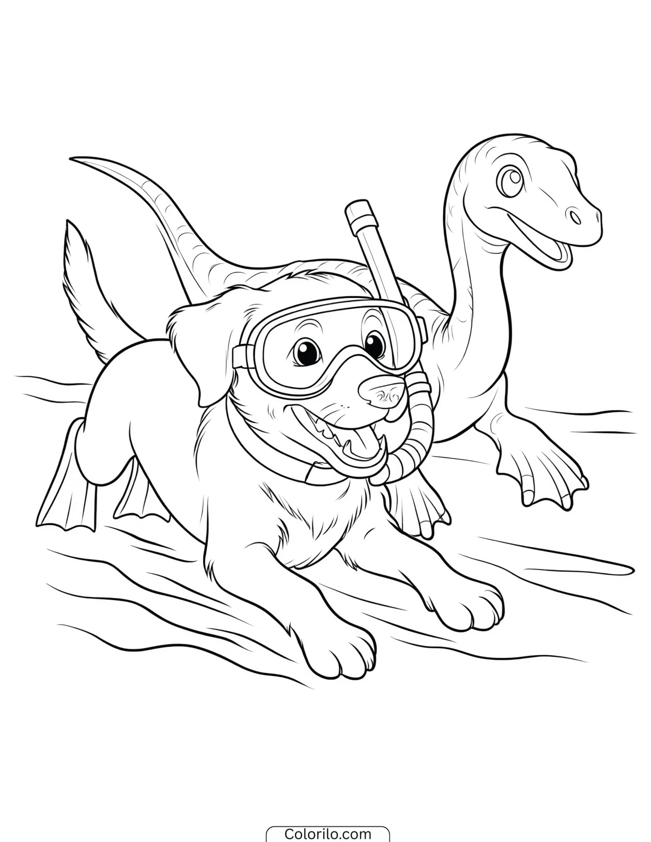 Zuma swimming with a water dinosaur coloring page