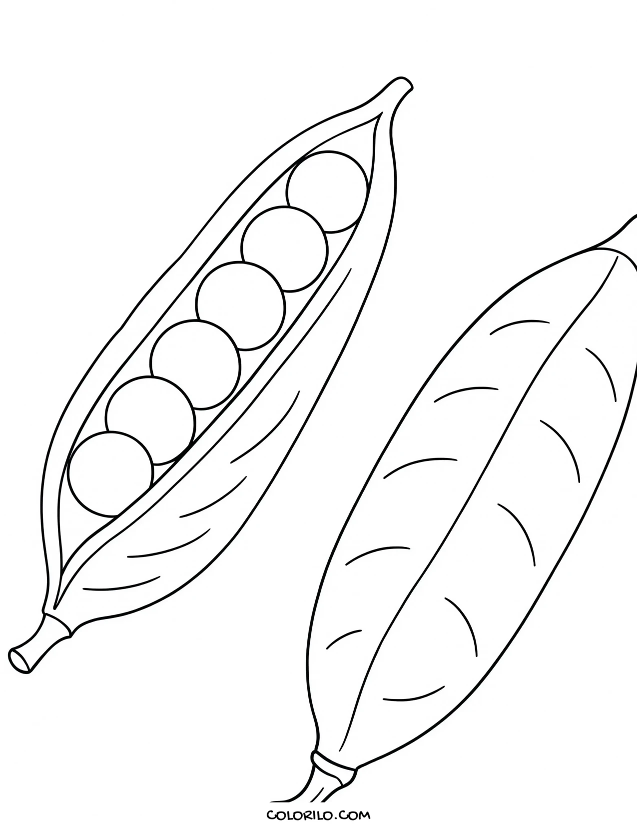 An open pea pod beside a closed one coloring page