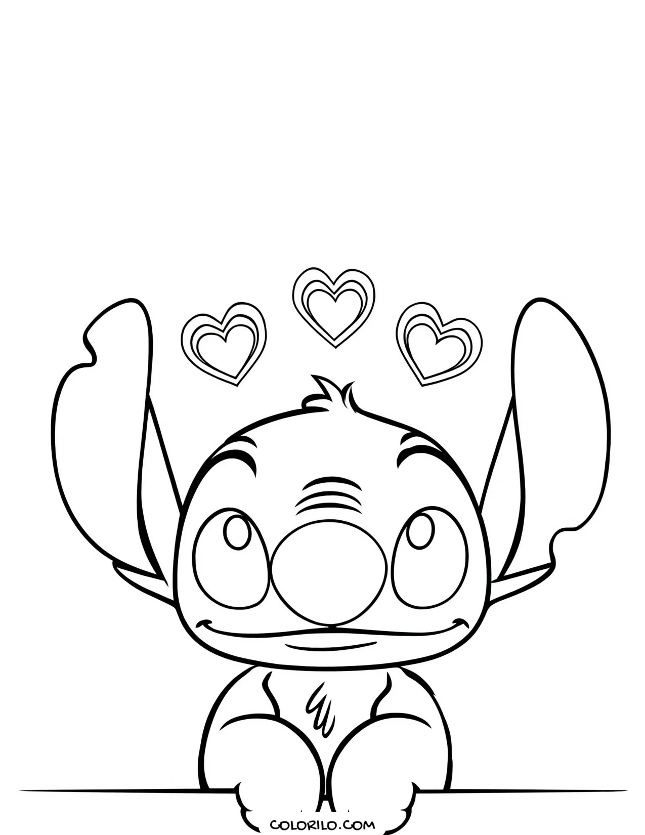 Stitch peeking out surrounded by hearts coloring page