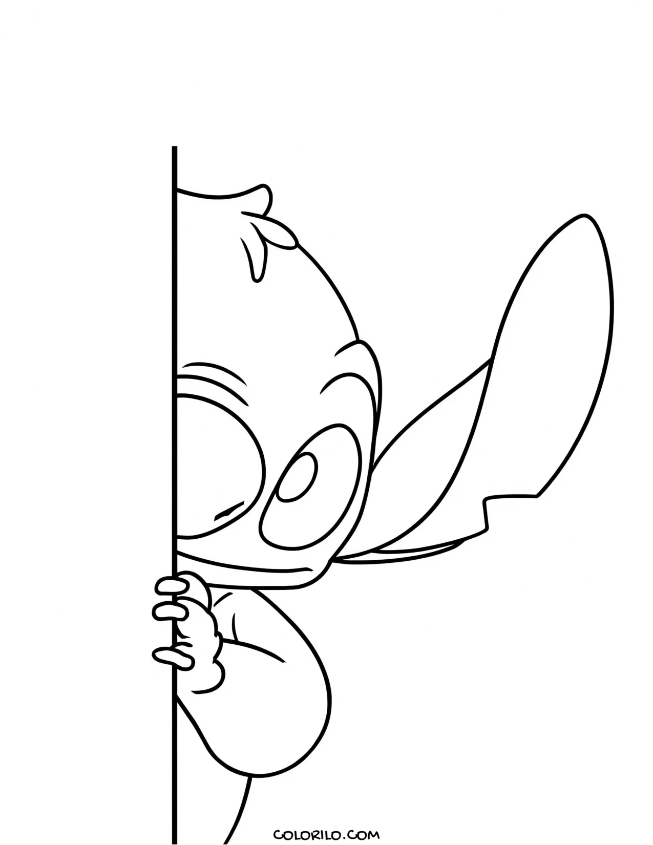 Stitch peeking around a corner coloring page
