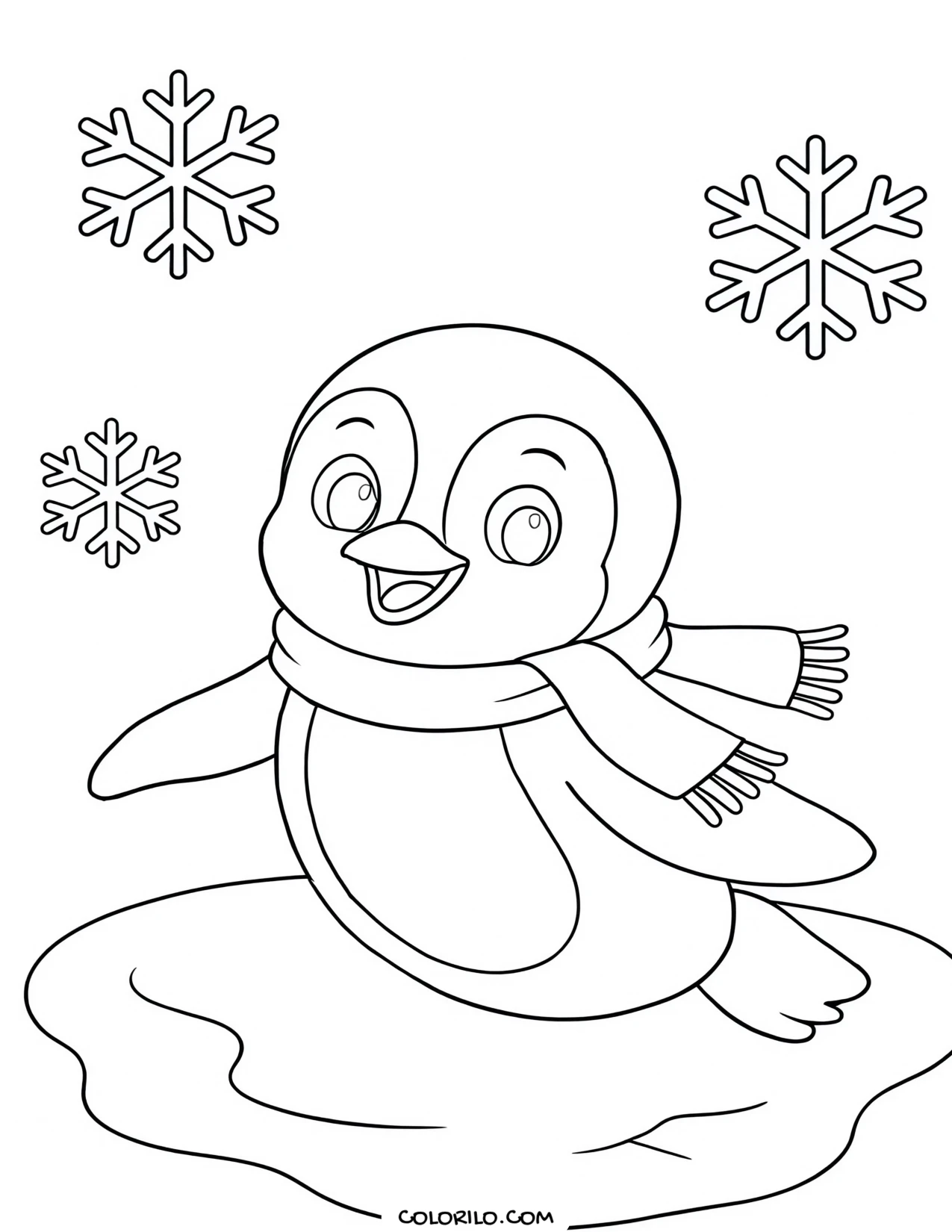 A penguin sliding across the ice coloring page