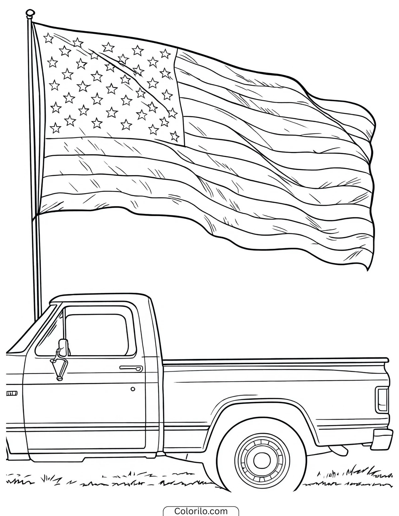 Pickup truck carrying an American flag coloring page
