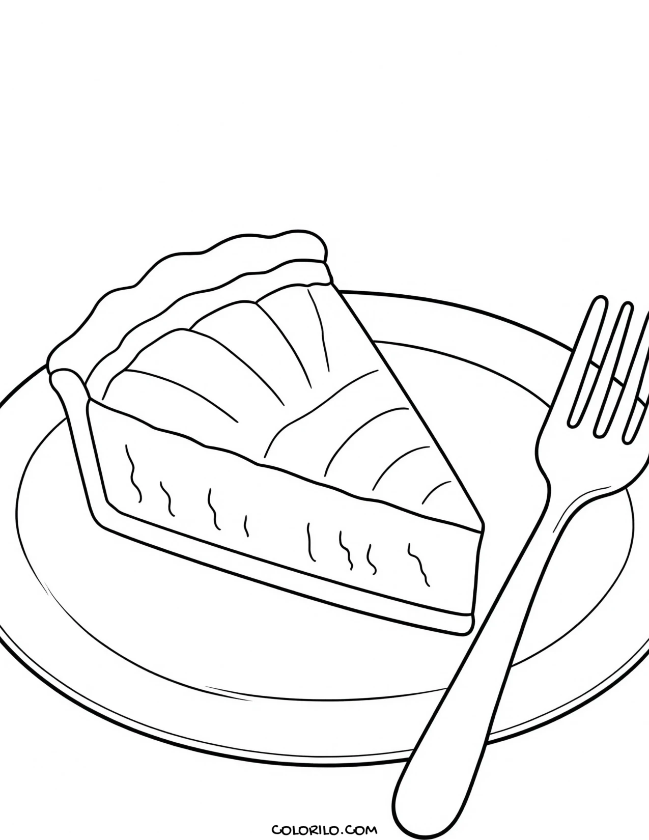 A slice of pie on a plate with a fork coloring page