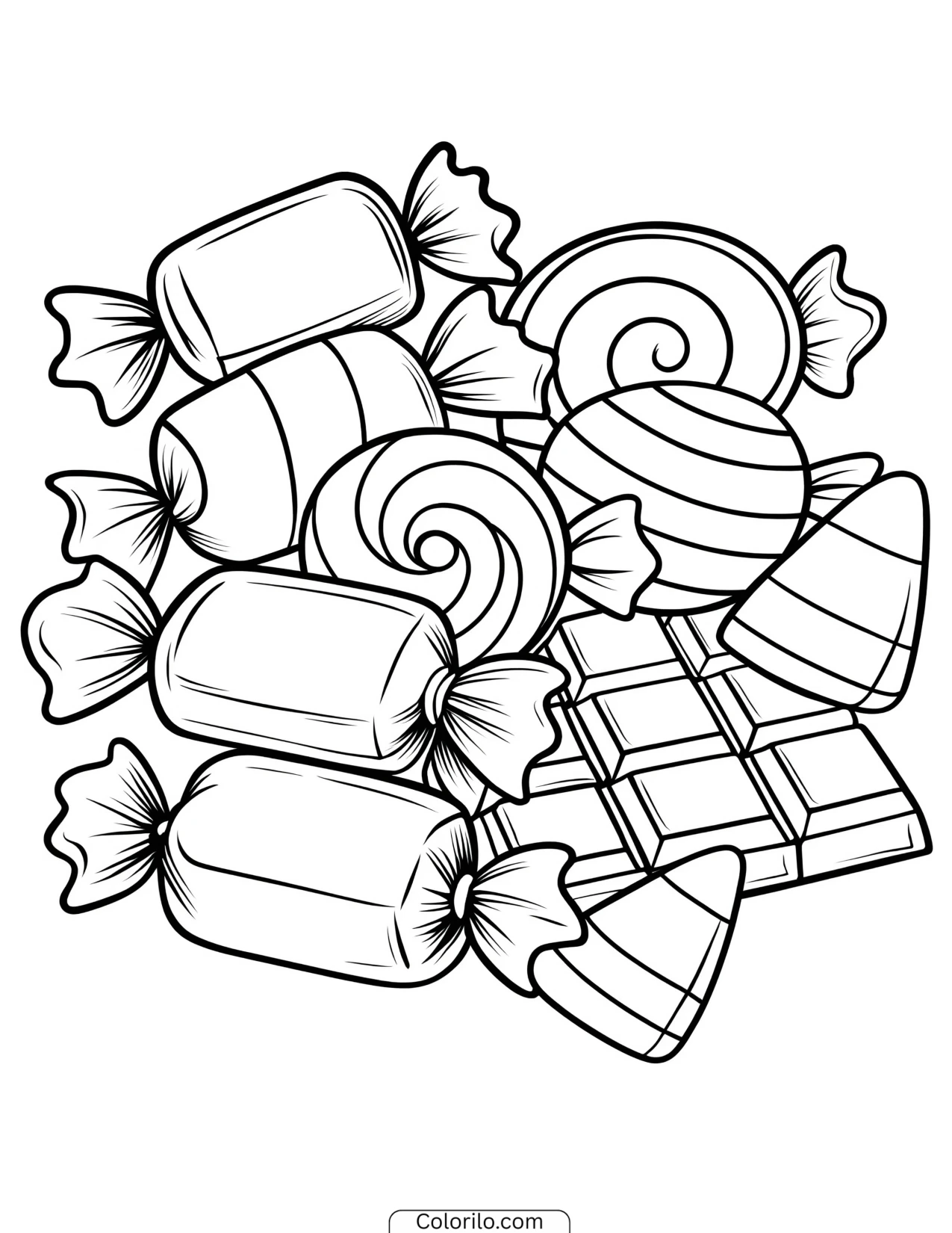 Pile of Halloween candy and chocolate coloring page