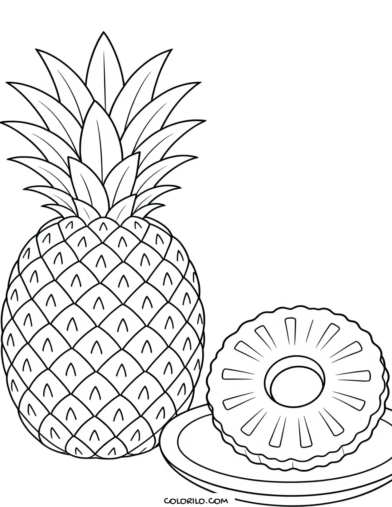 A whole pineapple beside a slice coloring page