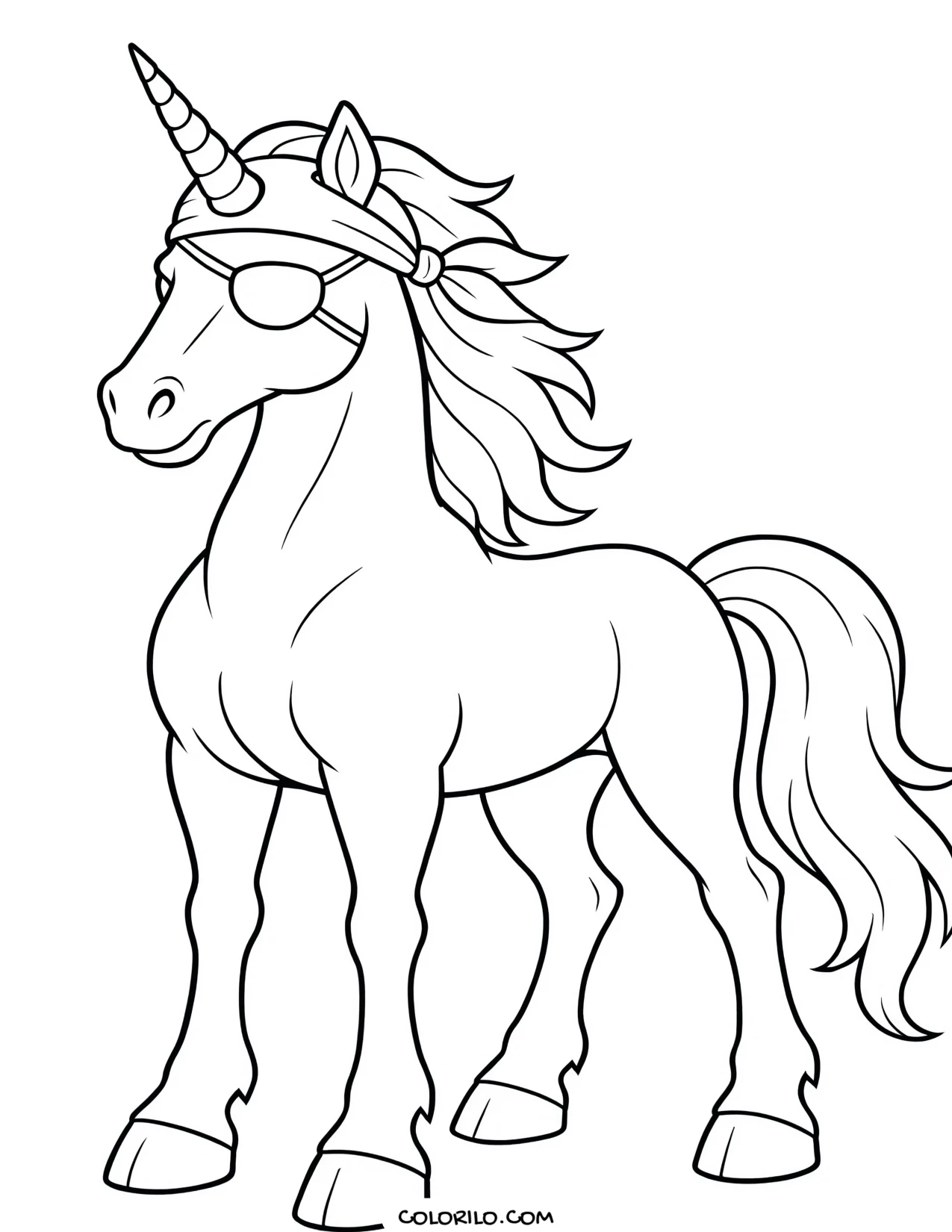 A unicorn dressed as a pirate with an eyepatch coloring page