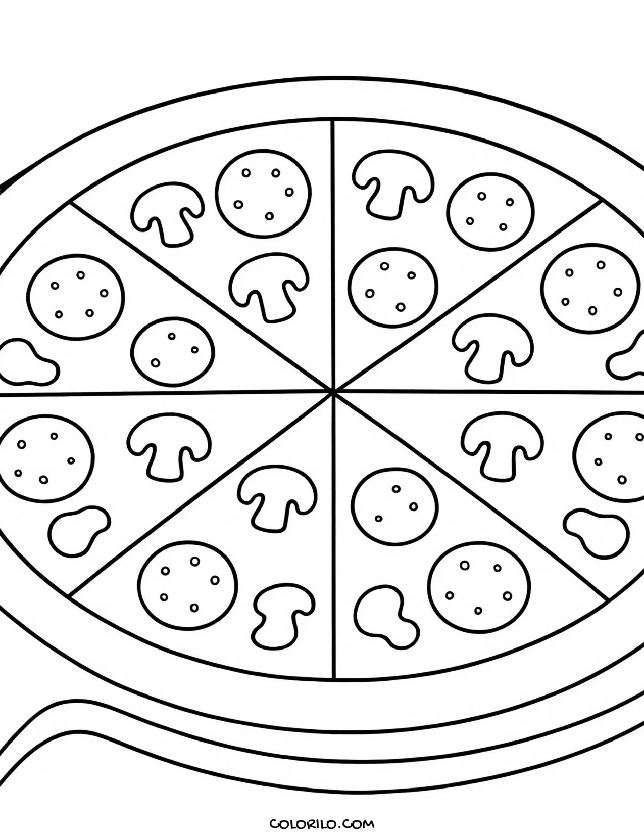 A whole pizza on a board with a cutting wheel coloring page