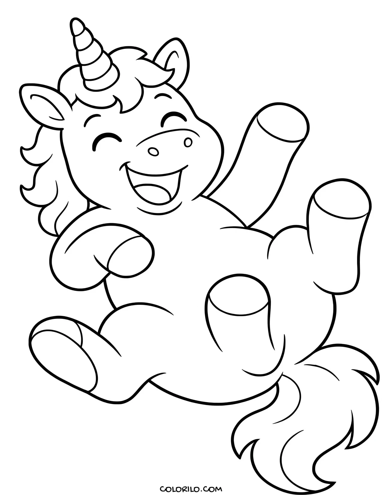 A playful unicorn rolling on its back coloring page