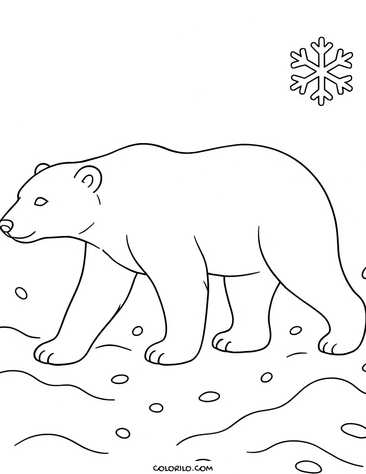 A polar bear walking across the snow coloring page