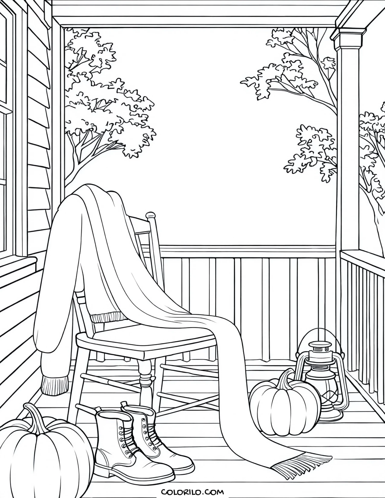 A sweater and boots on an autumn porch coloring page