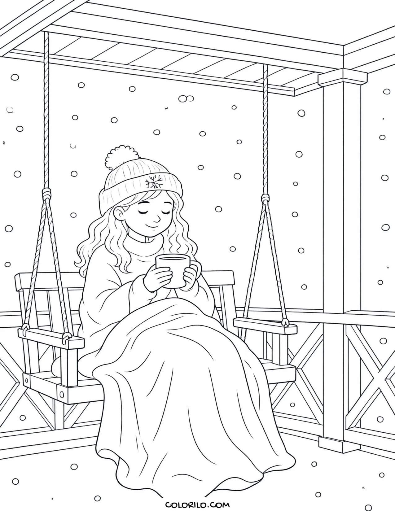 Cocoa on a porch swing in winter coloring page