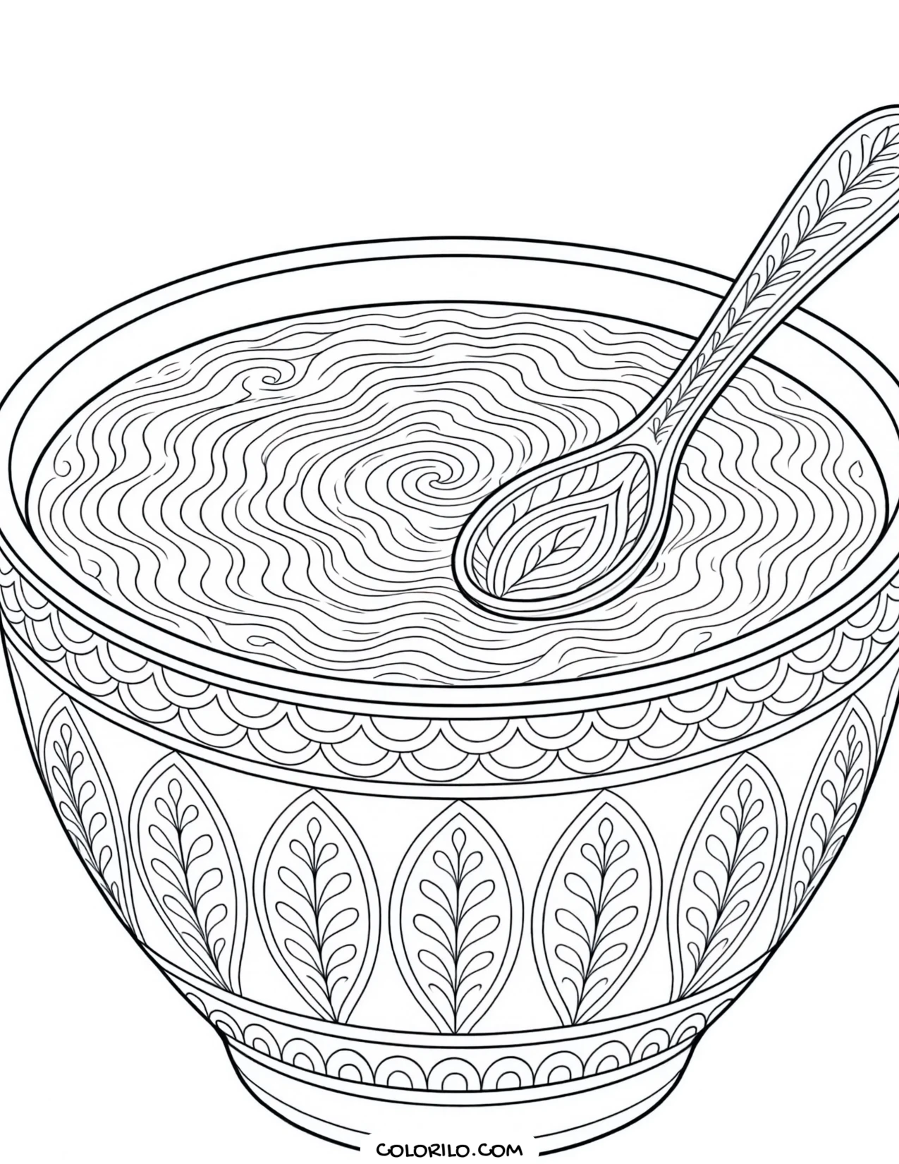 A bowl of porridge with a swirl and spoon coloring page