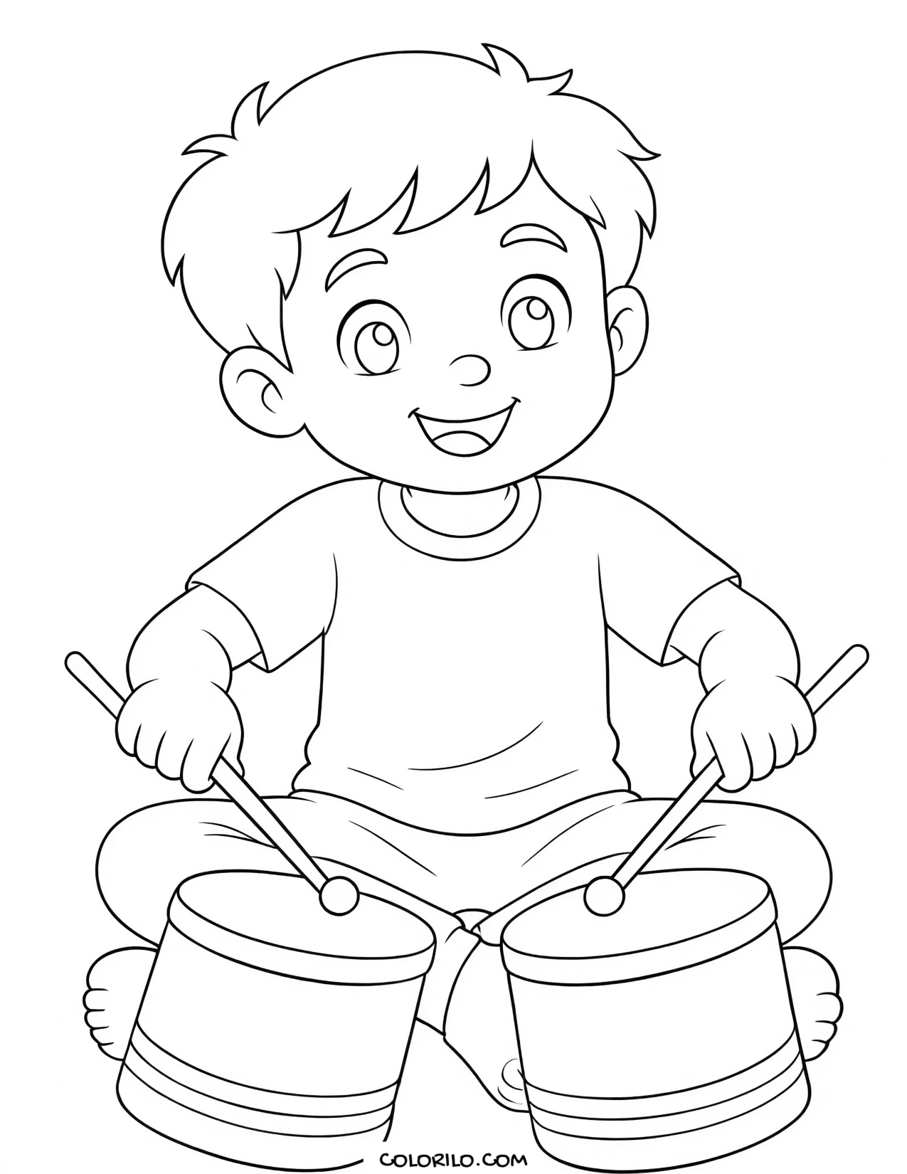 A preschool boy banging pots and pans coloring page