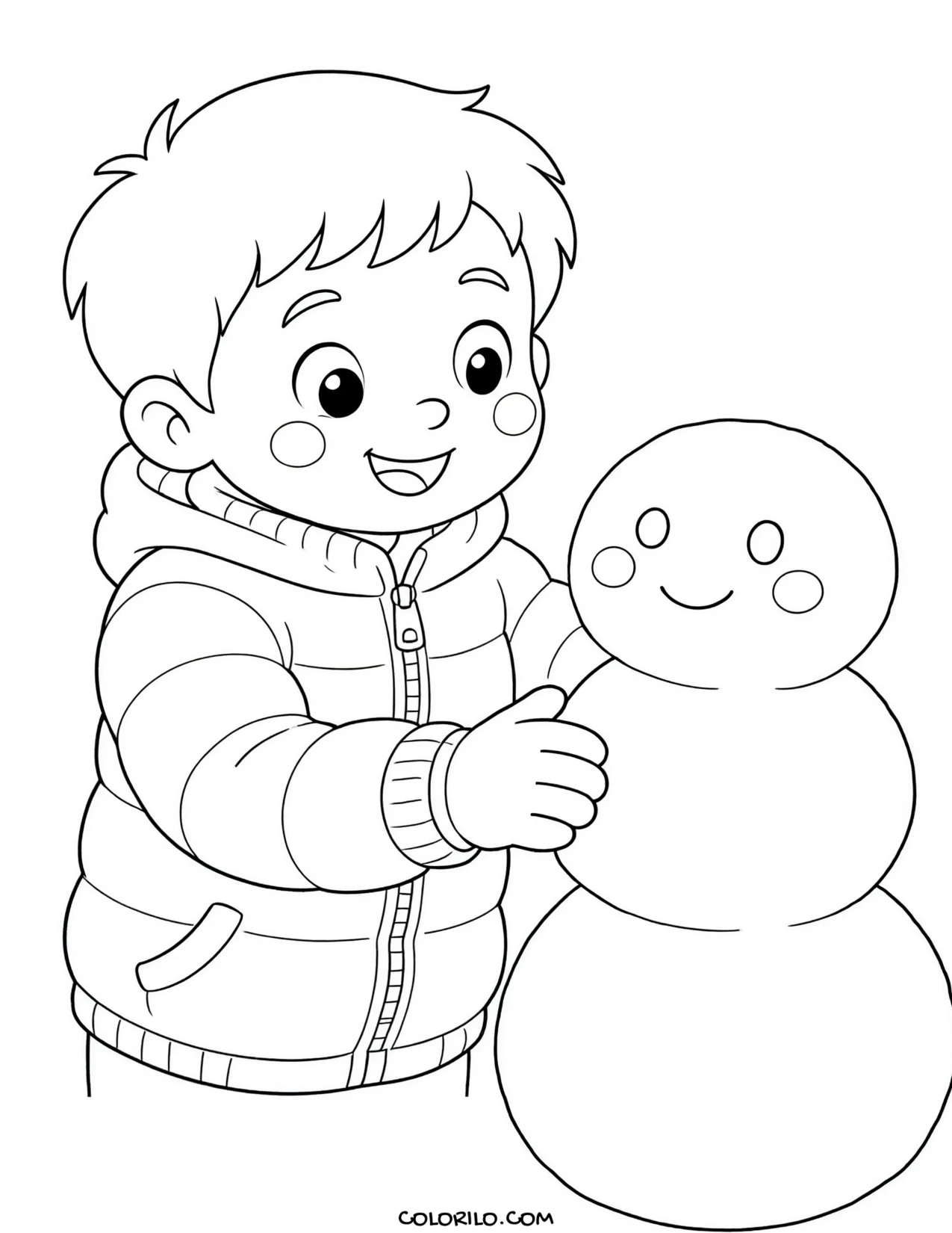 A preschool boy building a snowman coloring page