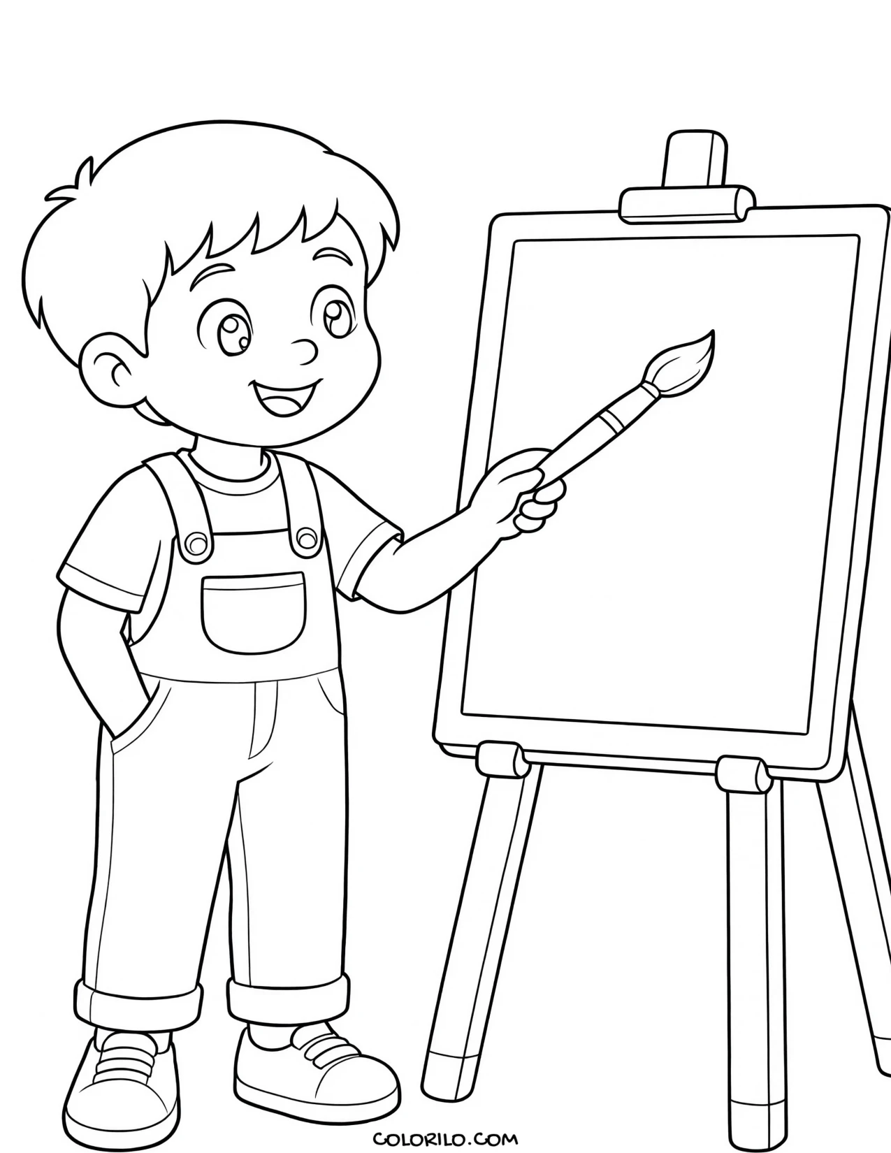 A preschool boy painting at an easel coloring page