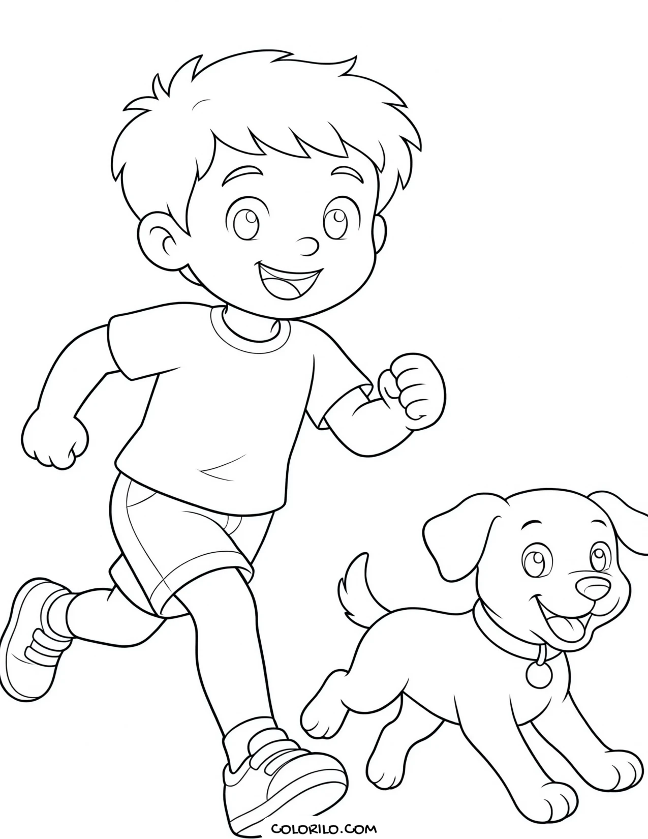 A preschool boy running with his dog coloring page