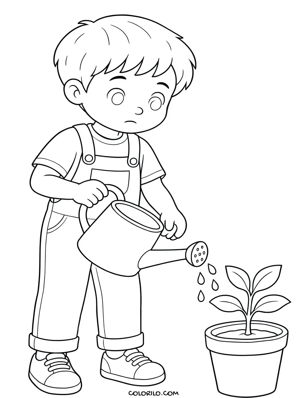 A preschool boy watering a plant coloring page
