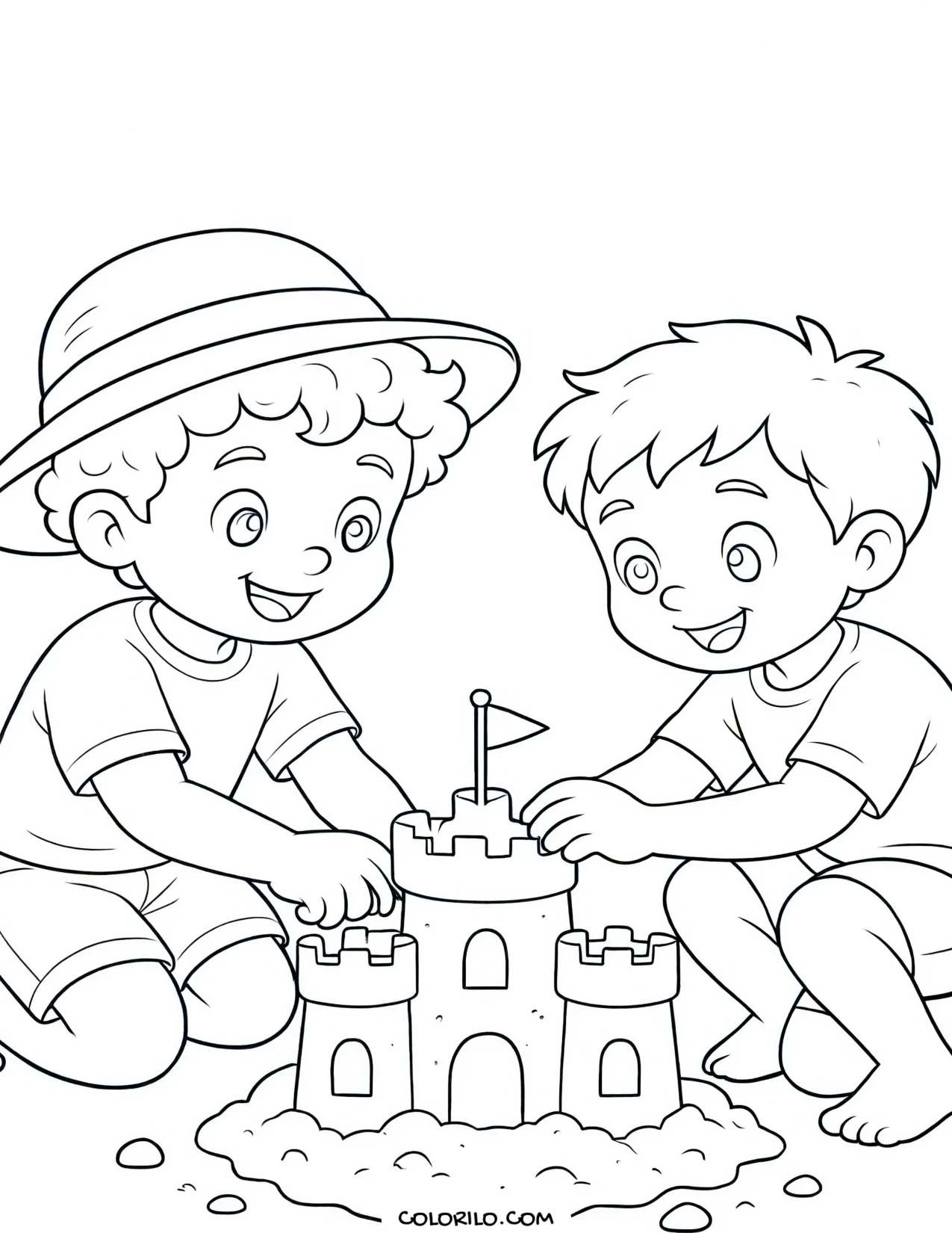 Two preschool boys building a sandcastle coloring page